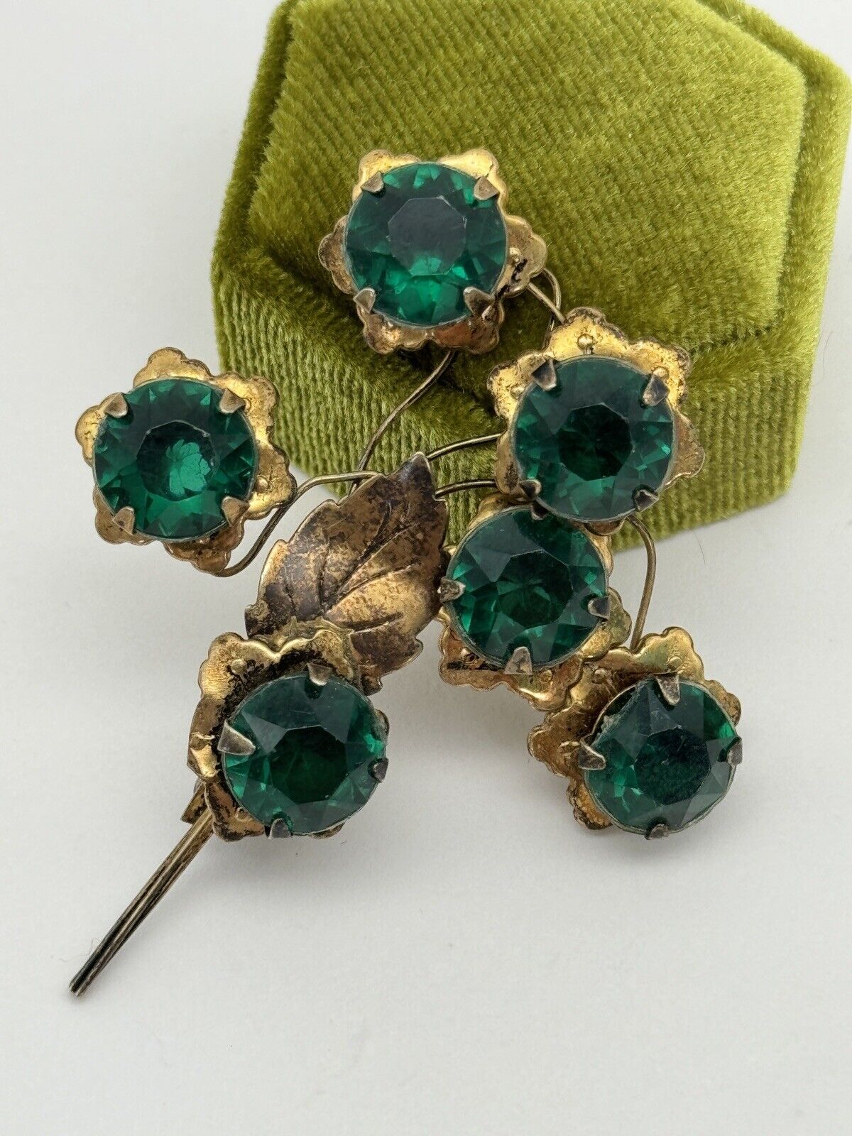 Vintage Sterling Vermeil Flower Brooch Artisan Green Rhinestone Flower Design