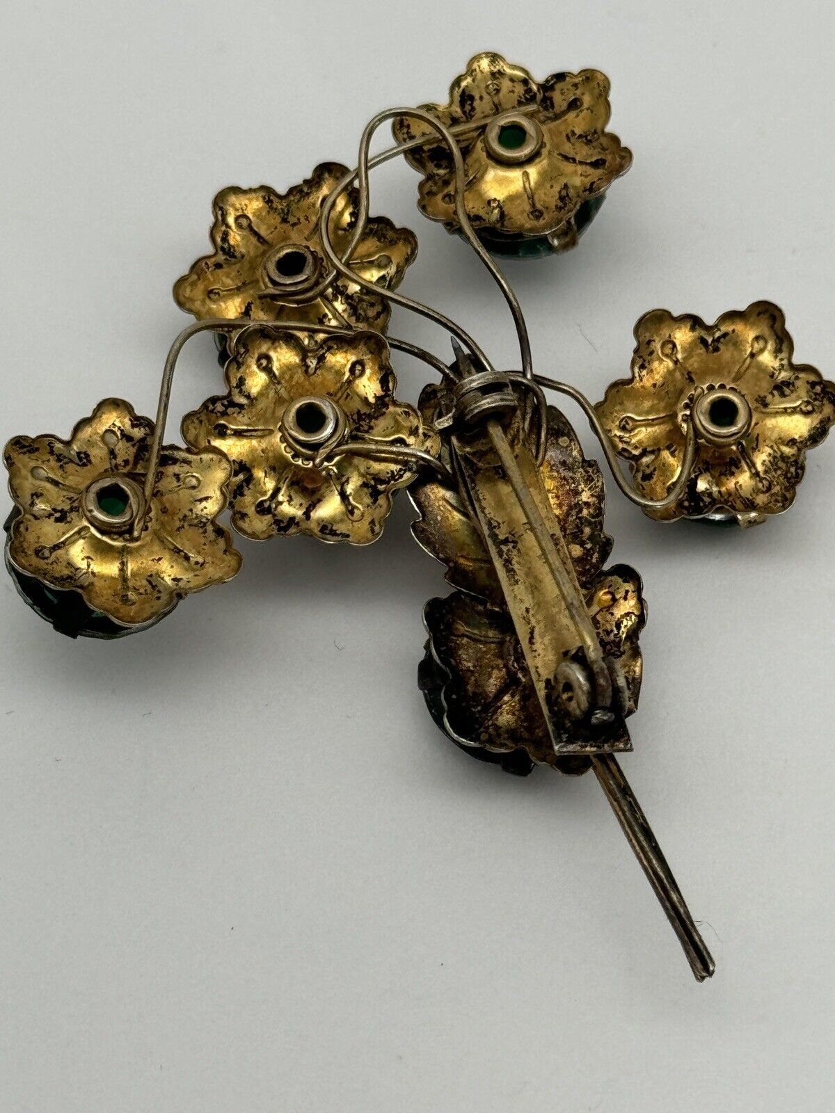 Vintage Sterling Vermeil Flower Brooch Artisan Green Rhinestone Flower Design