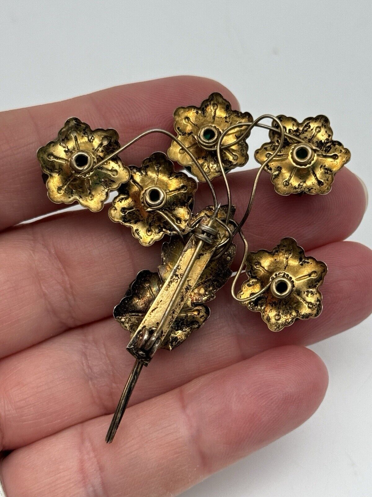 Vintage Sterling Vermeil Flower Brooch Artisan Green Rhinestone Flower Design