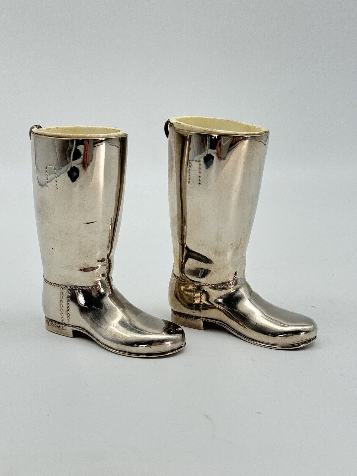 Vintage EQUESTRIAN Pair Silverplate Riding Boots Jiggers 1oz & 1.5oz Barware