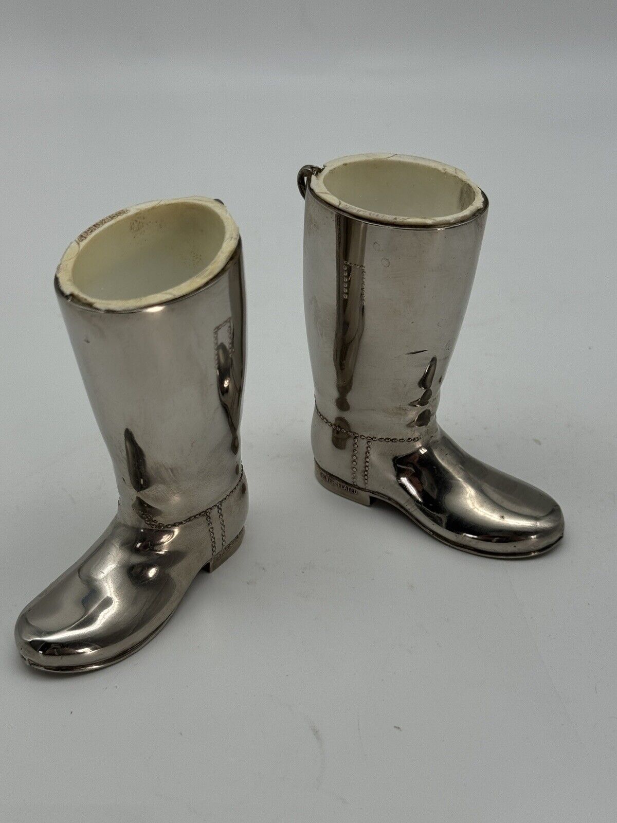 Vintage EQUESTRIAN Pair Silverplate Riding Boots Jiggers 1oz & 1.5oz Barware