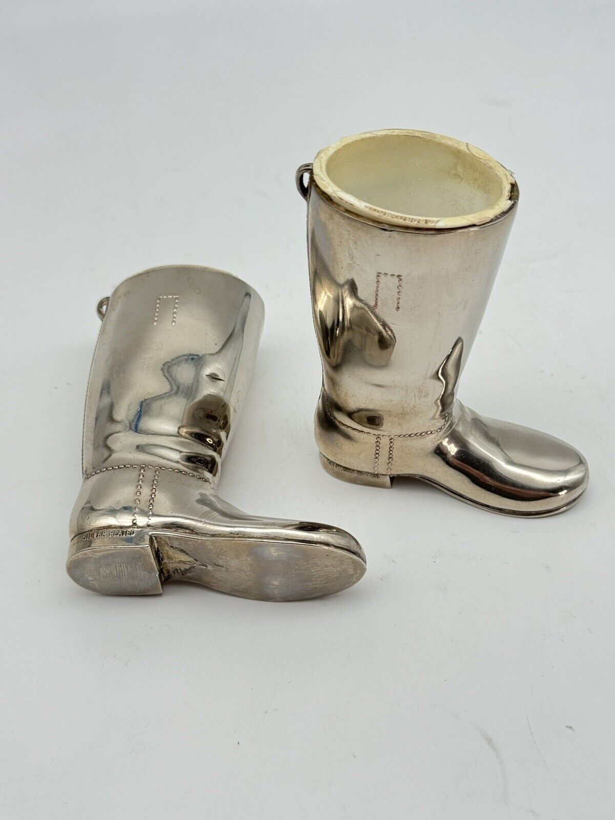 Vintage EQUESTRIAN Pair Silverplate Riding Boots Jiggers 1oz & 1.5oz Barware
