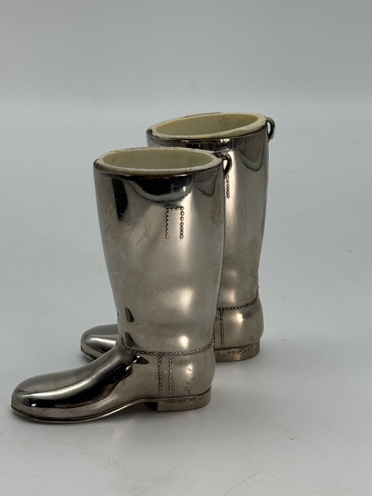 Vintage EQUESTRIAN Pair Silverplate Riding Boots Jiggers 1oz & 1.5oz Barware