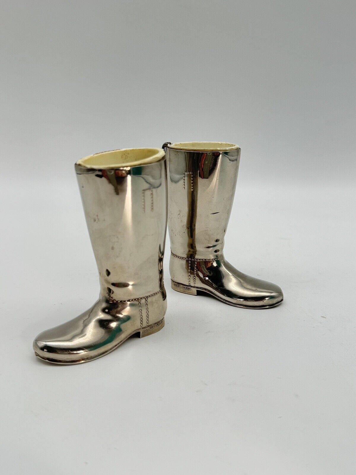Vintage EQUESTRIAN Pair Silverplate Riding Boots Jiggers 1oz & 1.5oz Barware