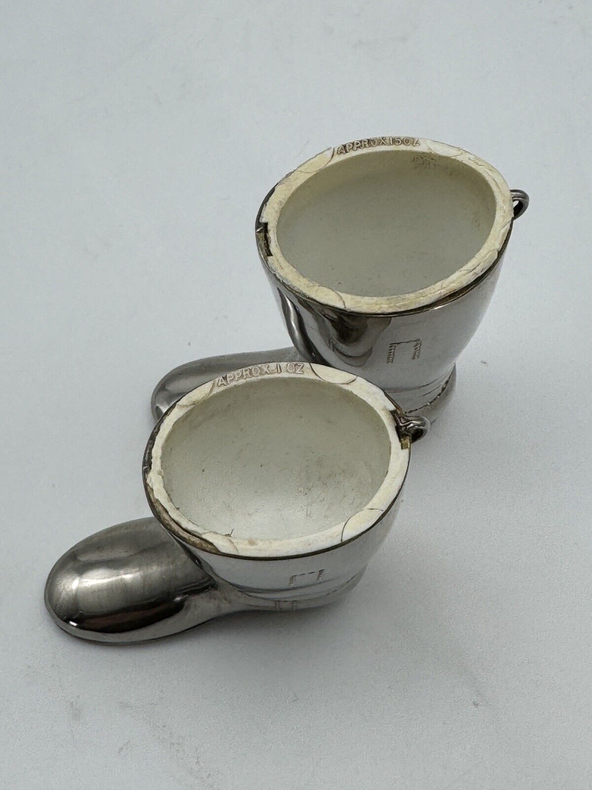 Vintage EQUESTRIAN Pair Silverplate Riding Boots Jiggers 1oz & 1.5oz Barware