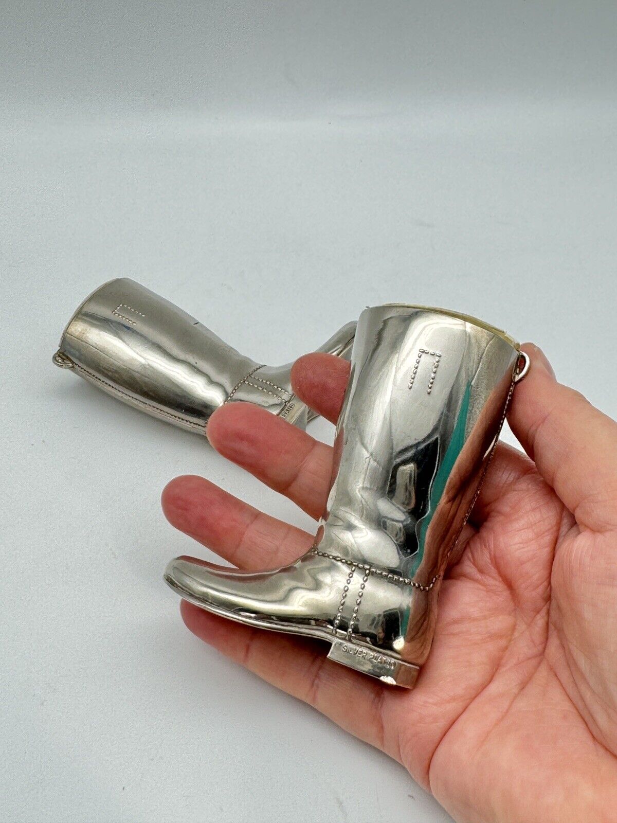 Vintage EQUESTRIAN Pair Silverplate Riding Boots Jiggers 1oz & 1.5oz Barware