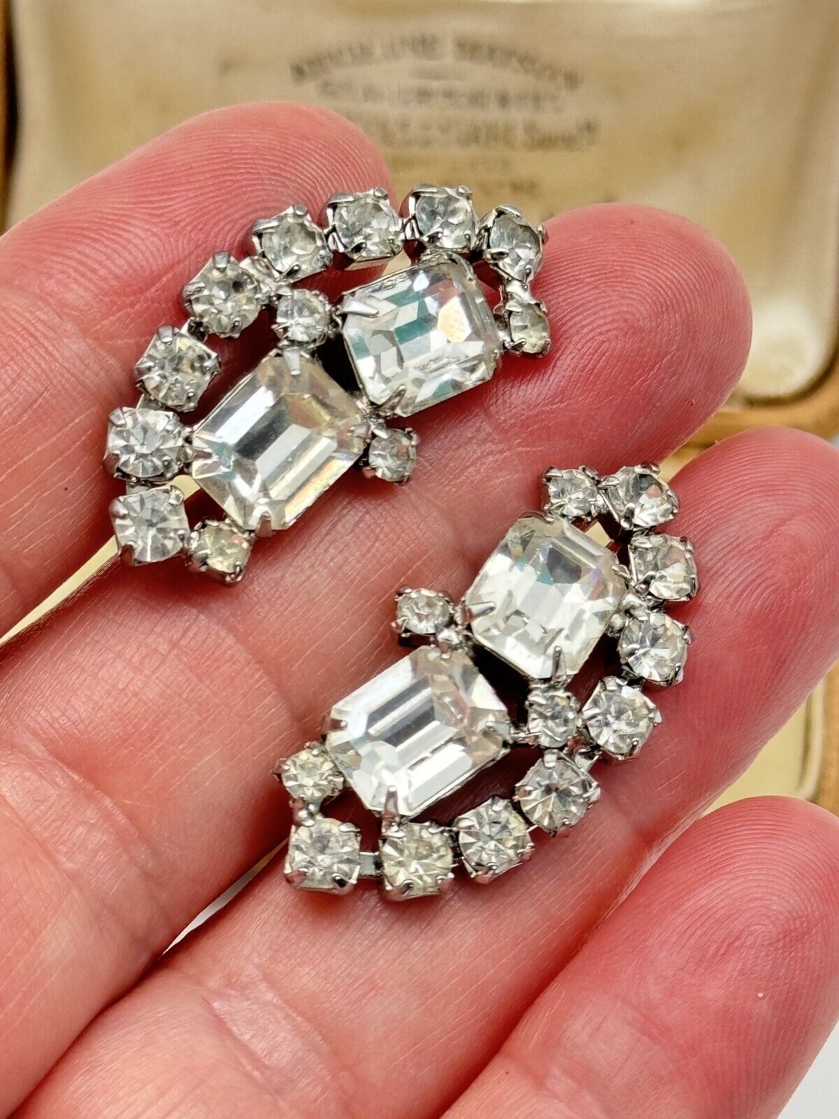 Signed WEISS Clear Rhinestone Earrings Screw back