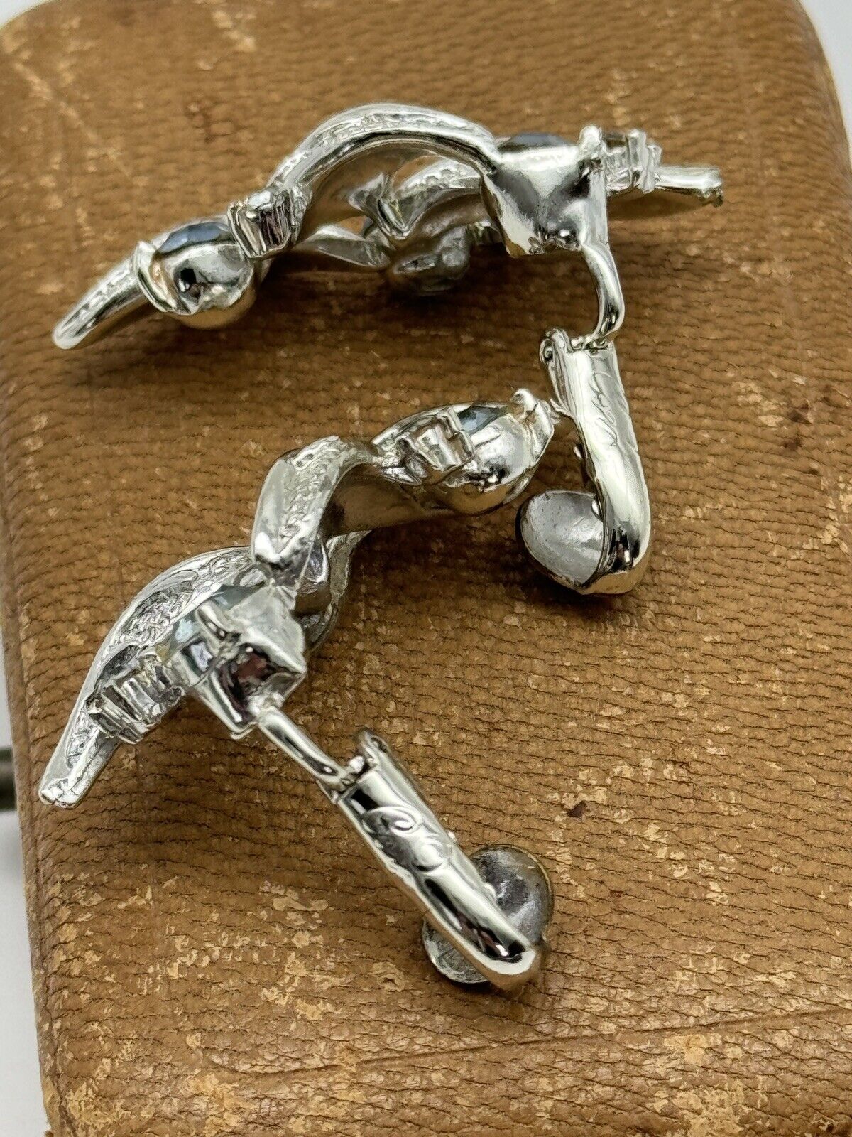 Vintage CORO Signed Earrings Silvertone Ice Blue Rhinestone Clip one