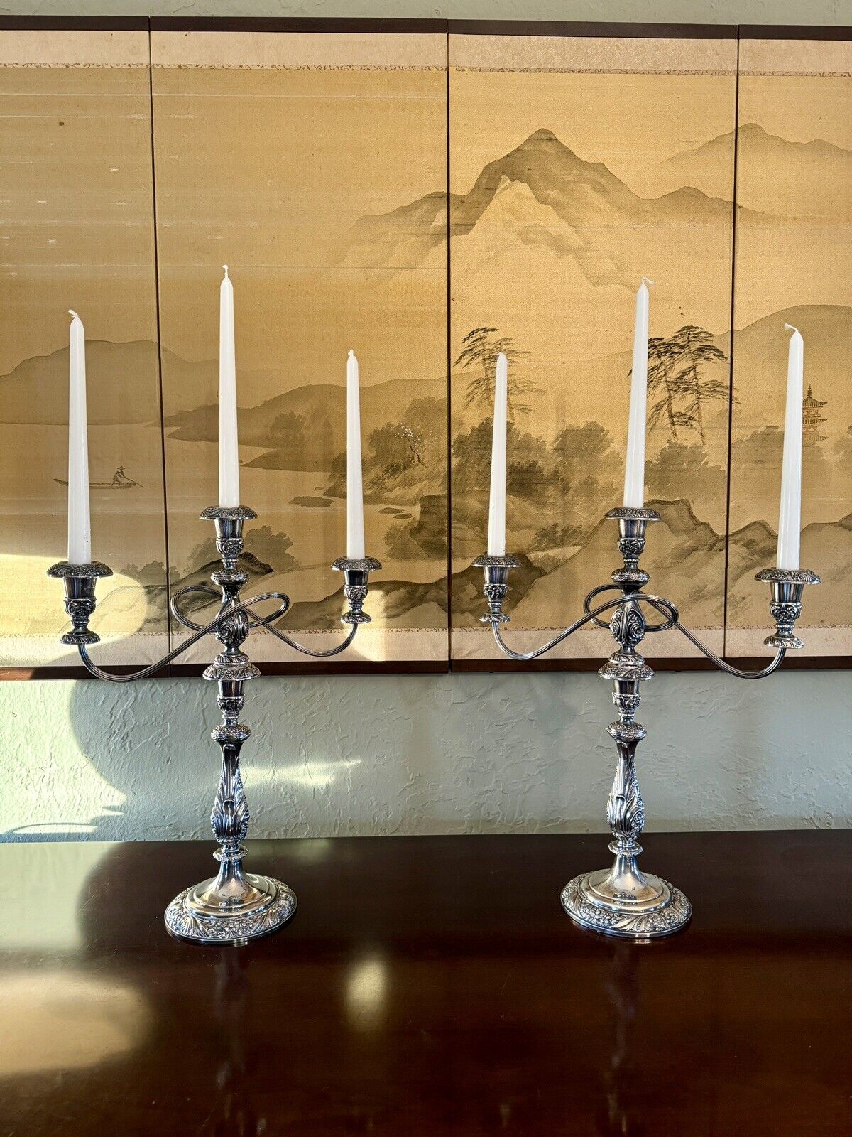 Vintage Silverplate Pair 3 Flame Candelabra Converts To Candlestick Repousse