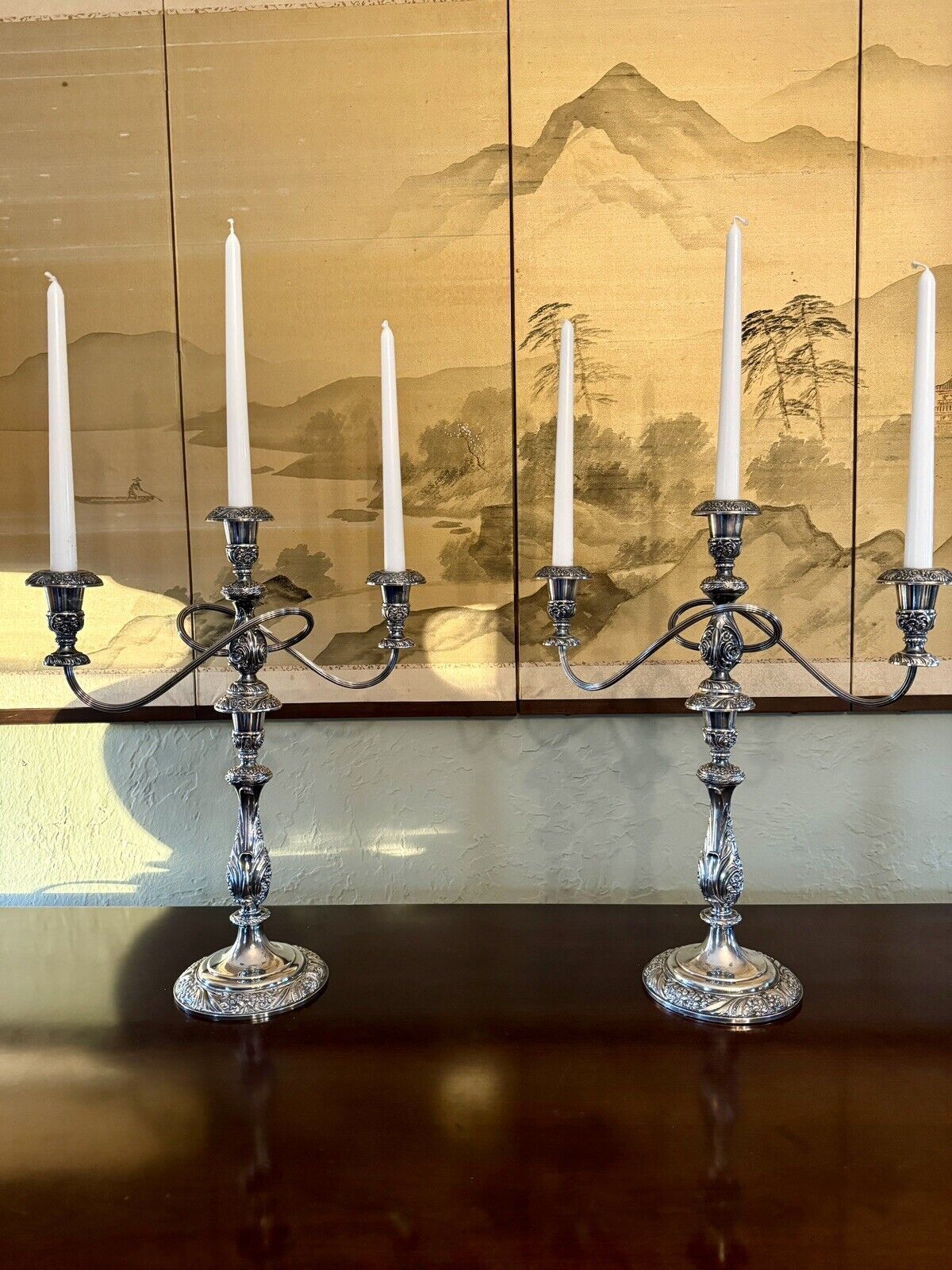 Vintage Silverplate Pair 3 Flame Candelabra Converts To Candlestick Repousse