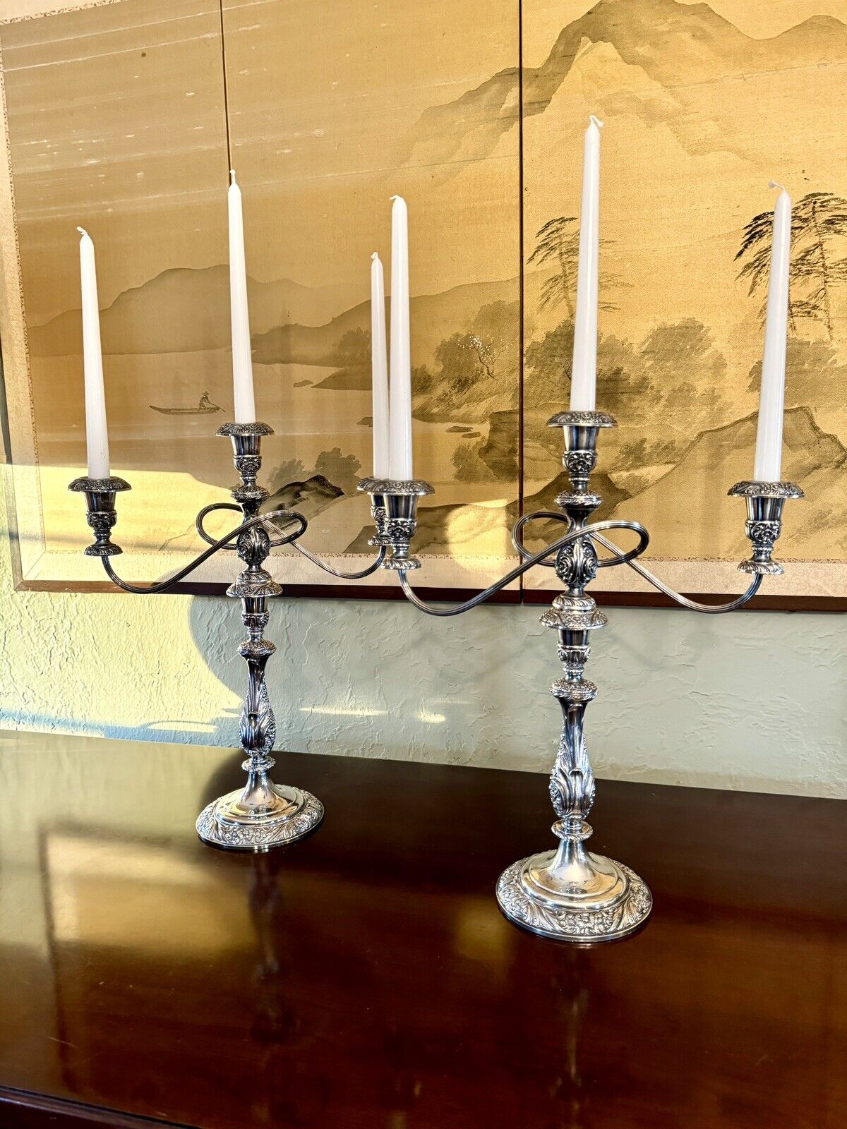 Vintage Silverplate Pair 3 Flame Candelabra Converts To Candlestick Repousse