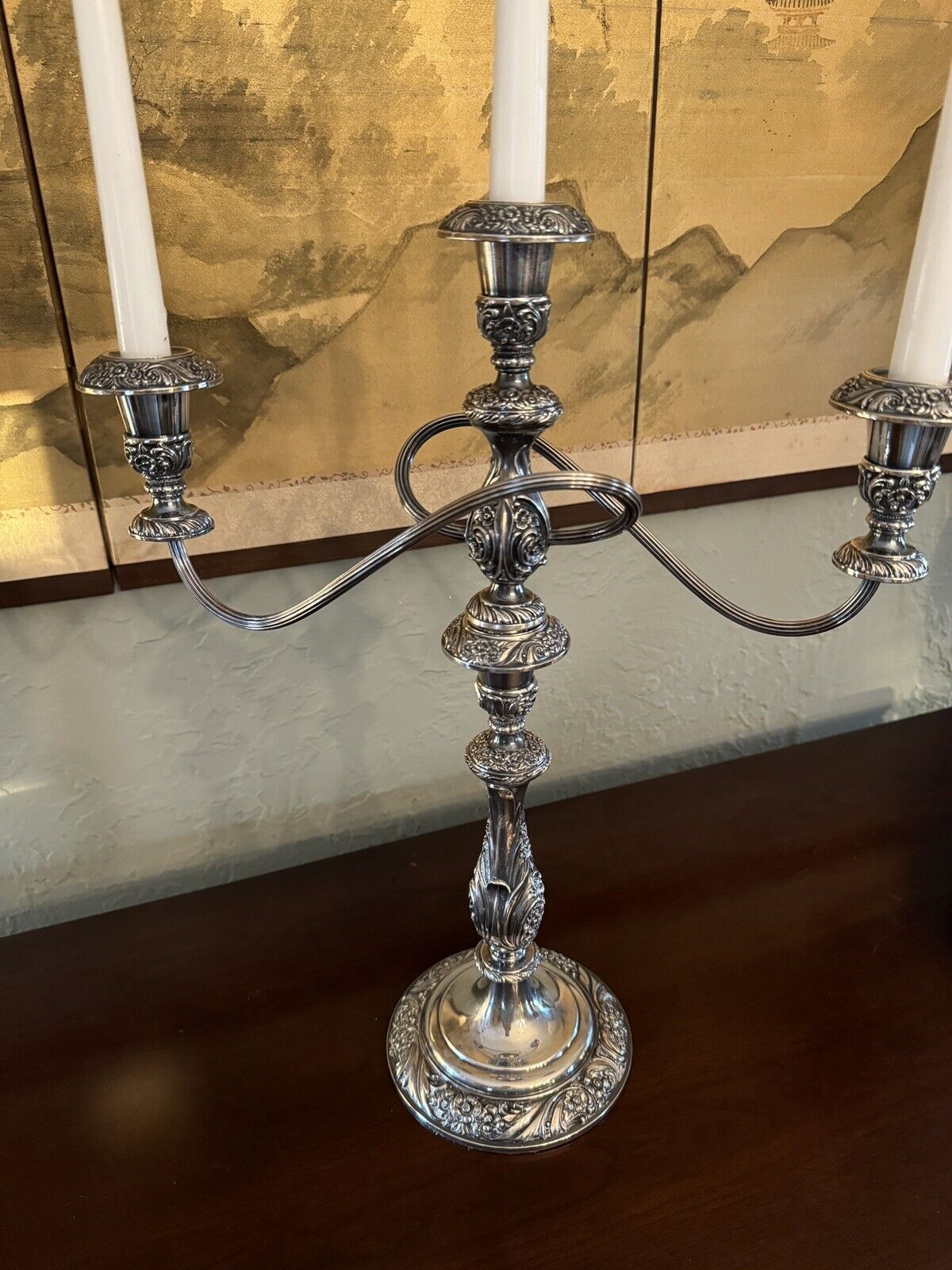 Vintage Silverplate Pair 3 Flame Candelabra Converts To Candlestick Repousse