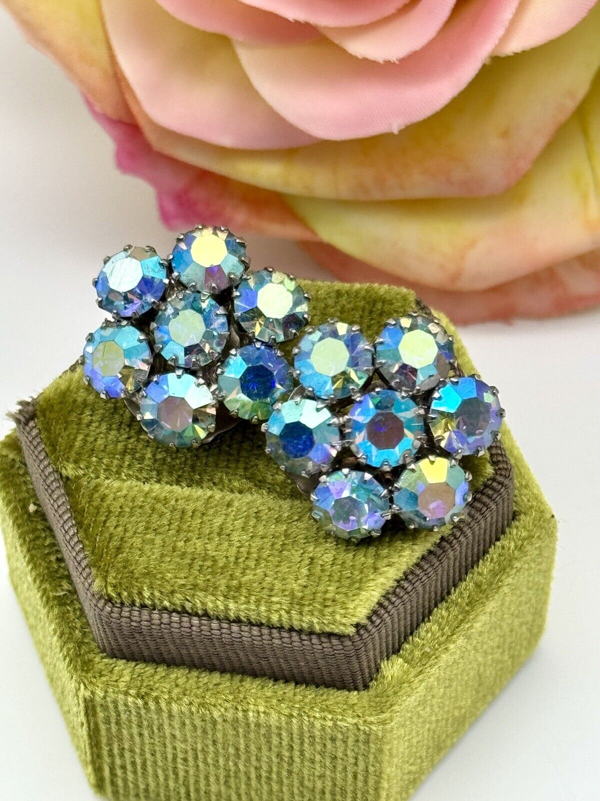 Ice Blue Aurora Borealis Earrings Vintage Estate Find