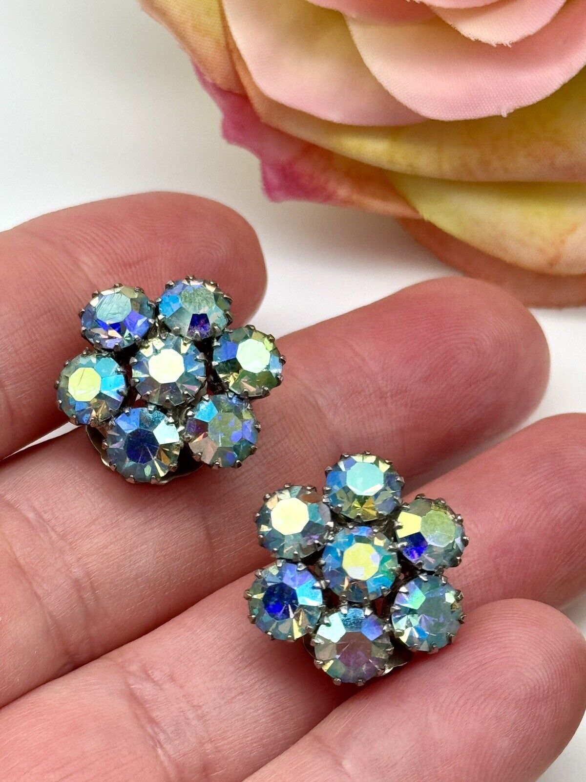Ice Blue Aurora Borealis Earrings Vintage Estate Find
