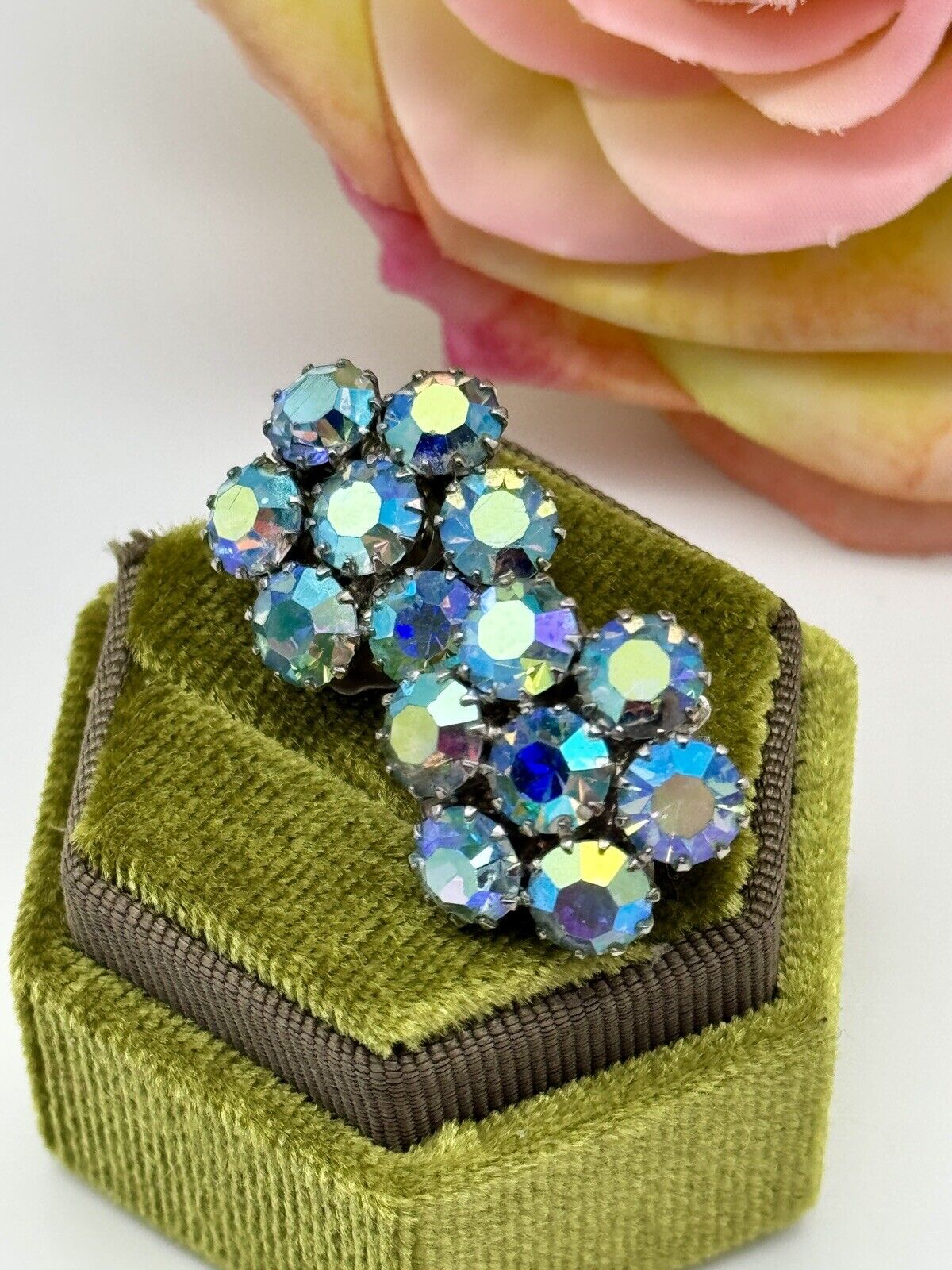 Ice Blue Aurora Borealis Earrings Vintage Estate Find