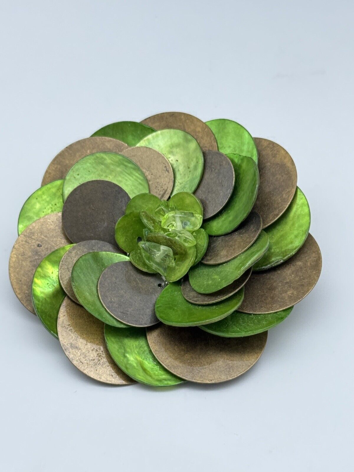 Vintage Green MOP Metal Flower Brooch ESTATE FIND