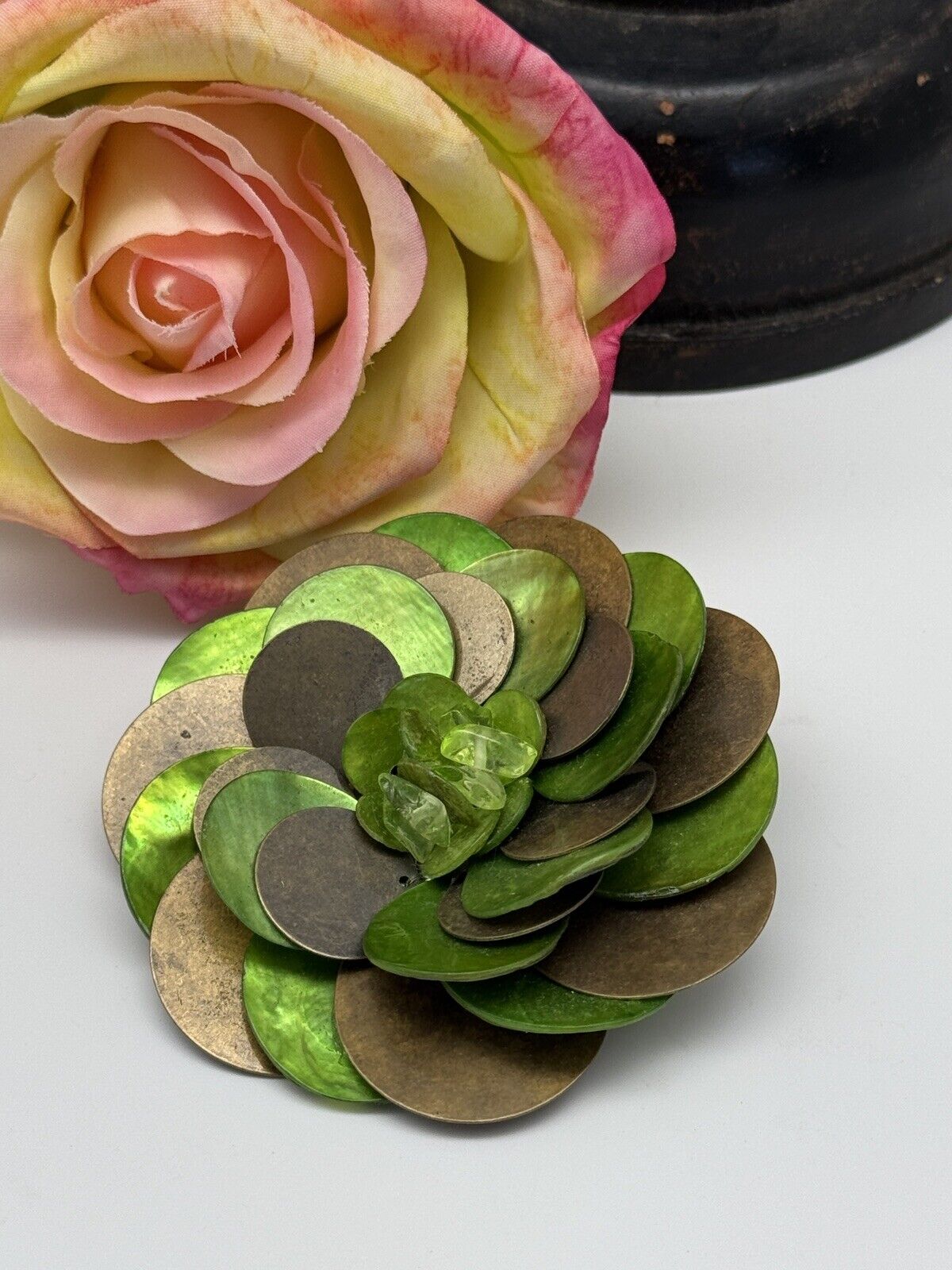 Vintage Green MOP Metal Flower Brooch ESTATE FIND