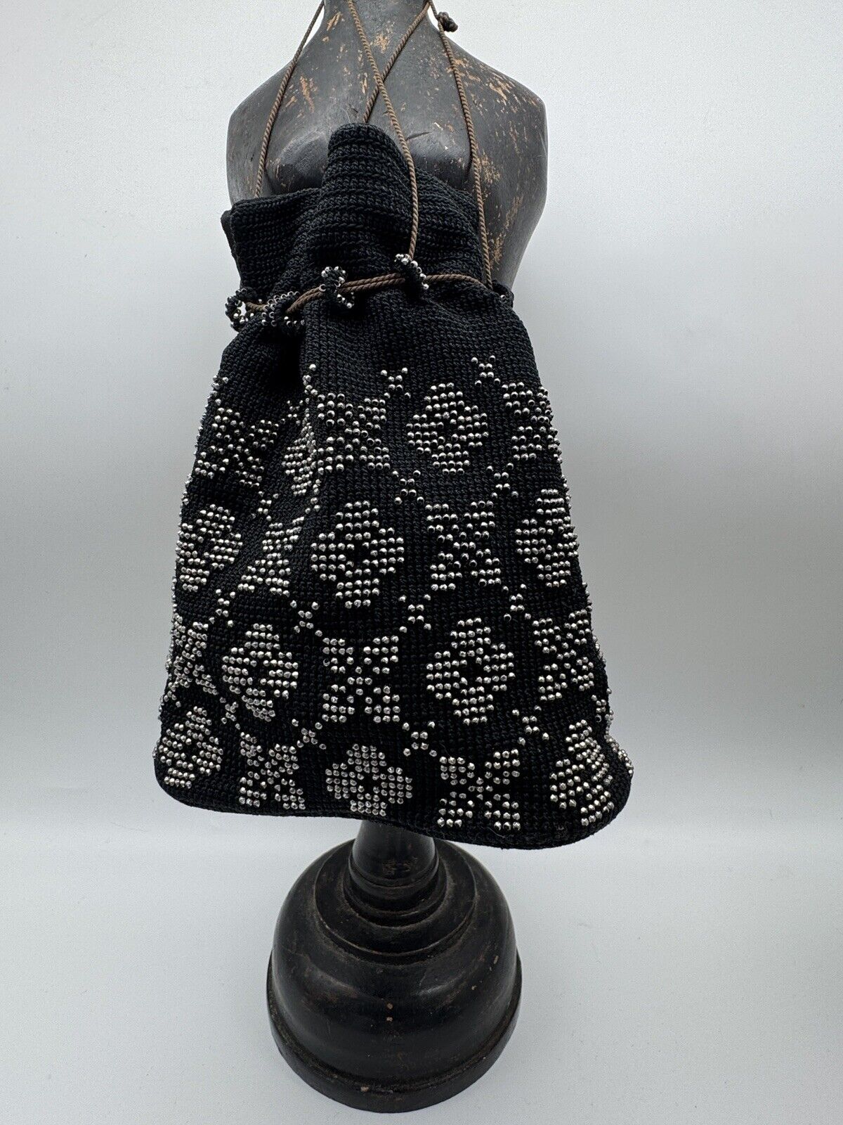 1920s Black Purse Steel Beads Crochet Satin Liner Draw String ESTATE FIND