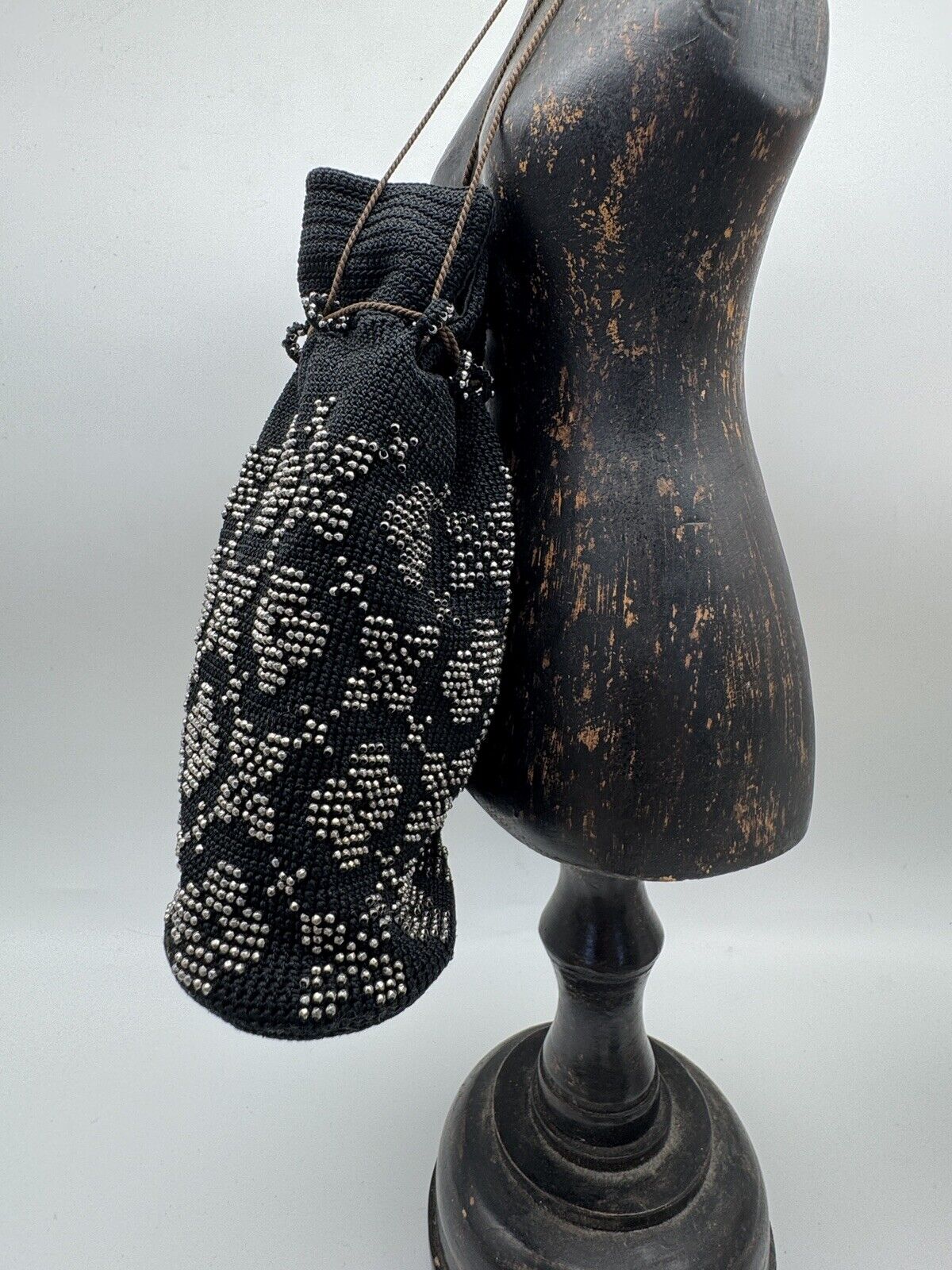 1920s Black Purse Steel Beads Crochet Satin Liner Draw String ESTATE FIND