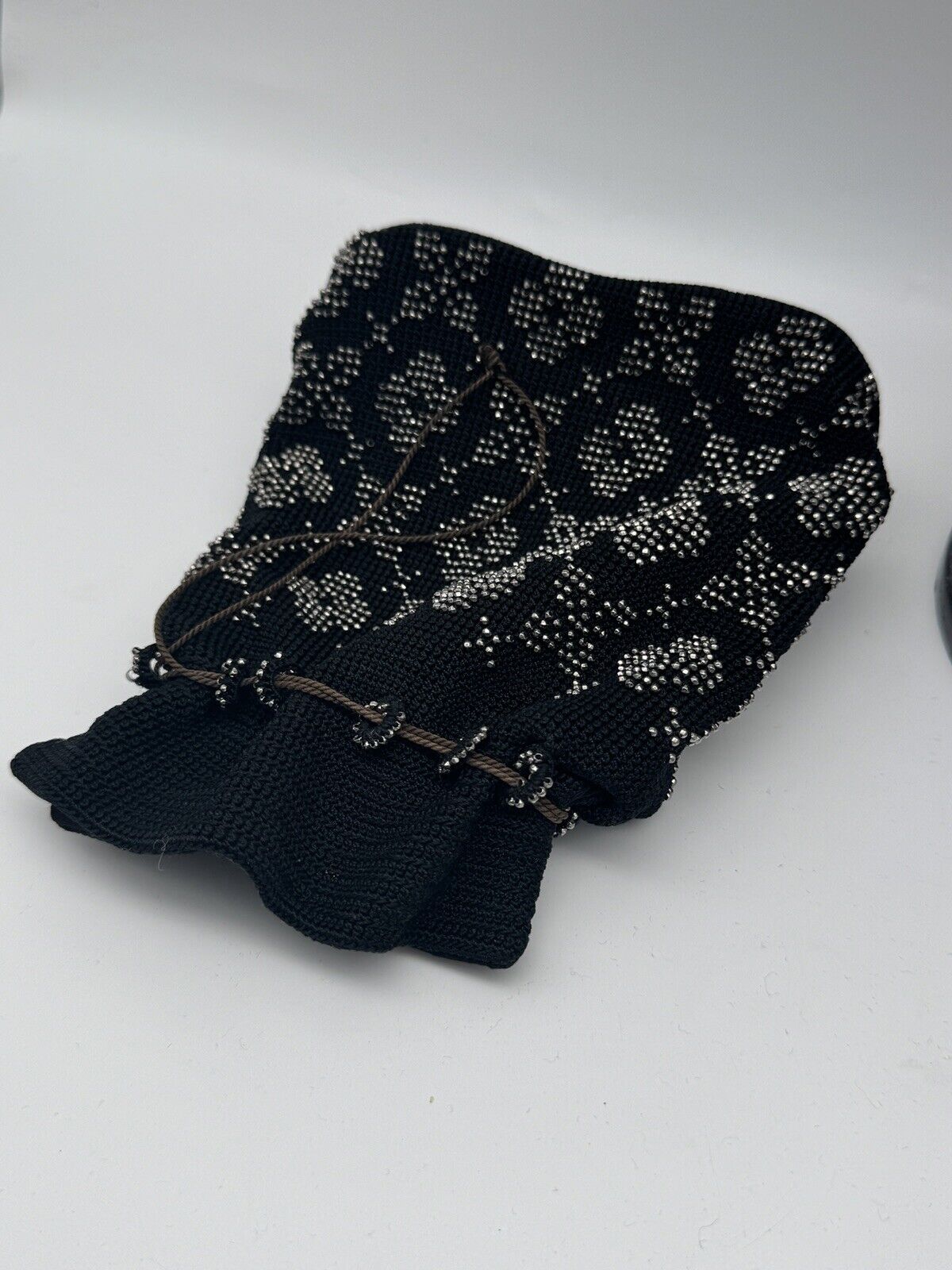 1920s Black Purse Steel Beads Crochet Satin Liner Draw String ESTATE FIND