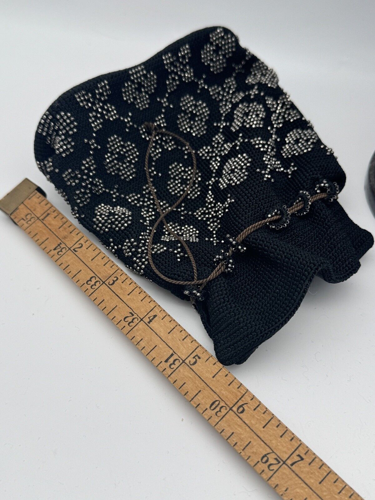 1920s Black Purse Steel Beads Crochet Satin Liner Draw String ESTATE FIND