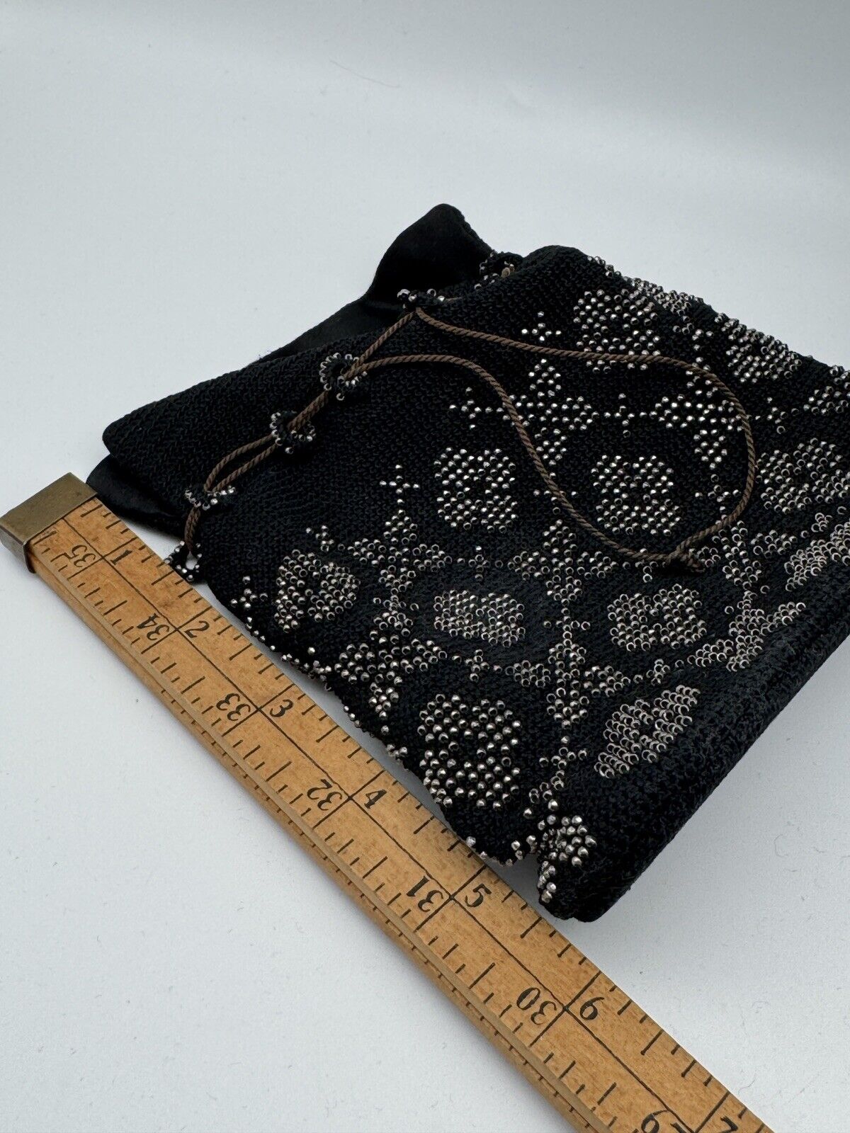 1920s Black Purse Steel Beads Crochet Satin Liner Draw String ESTATE FIND