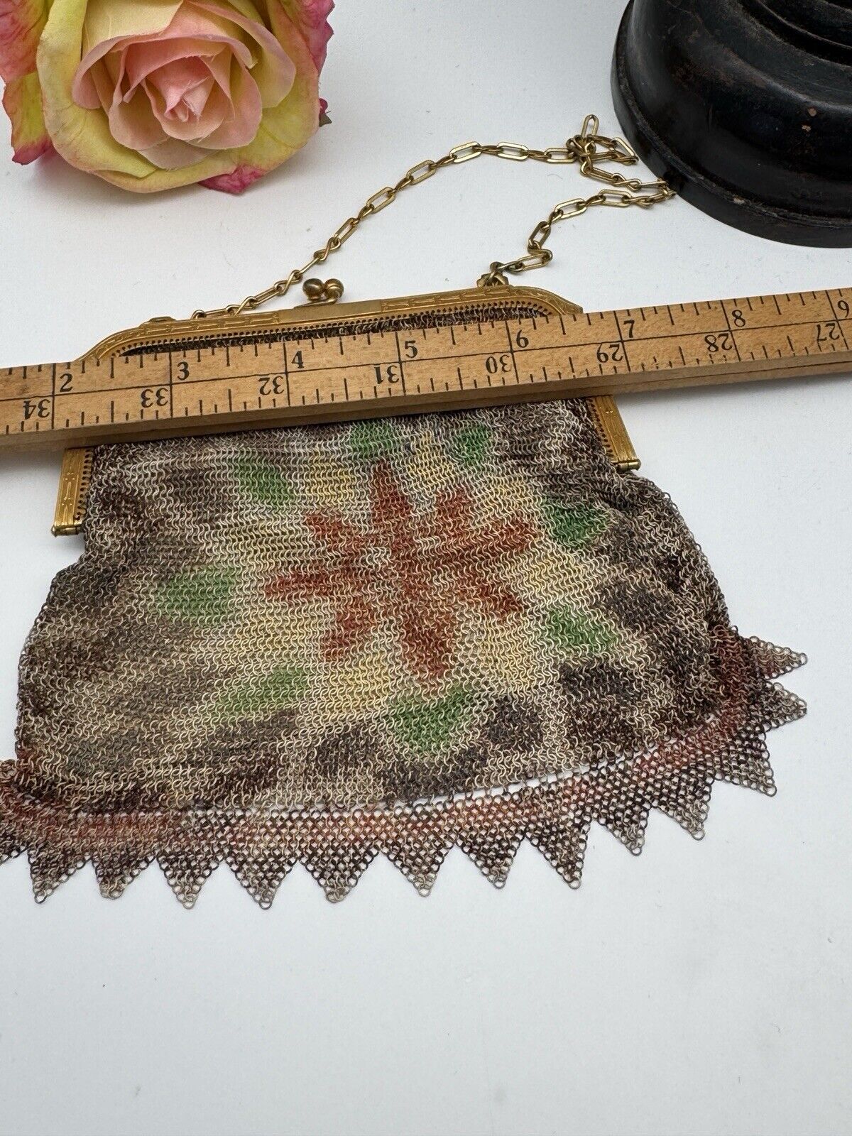 Art Deco Whiting & Davis Mesh Purse Goldtone Water Color Design