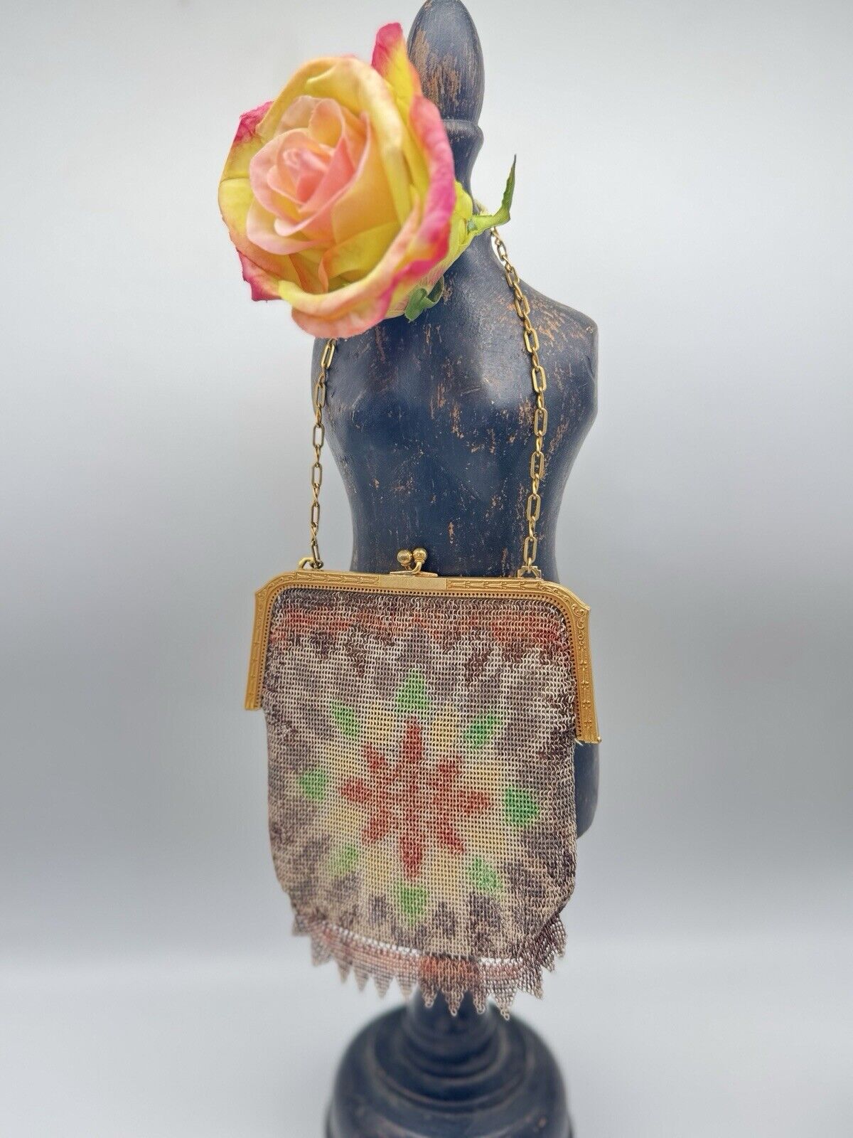 Art Deco Whiting & Davis Mesh Purse Goldtone Water Color Design