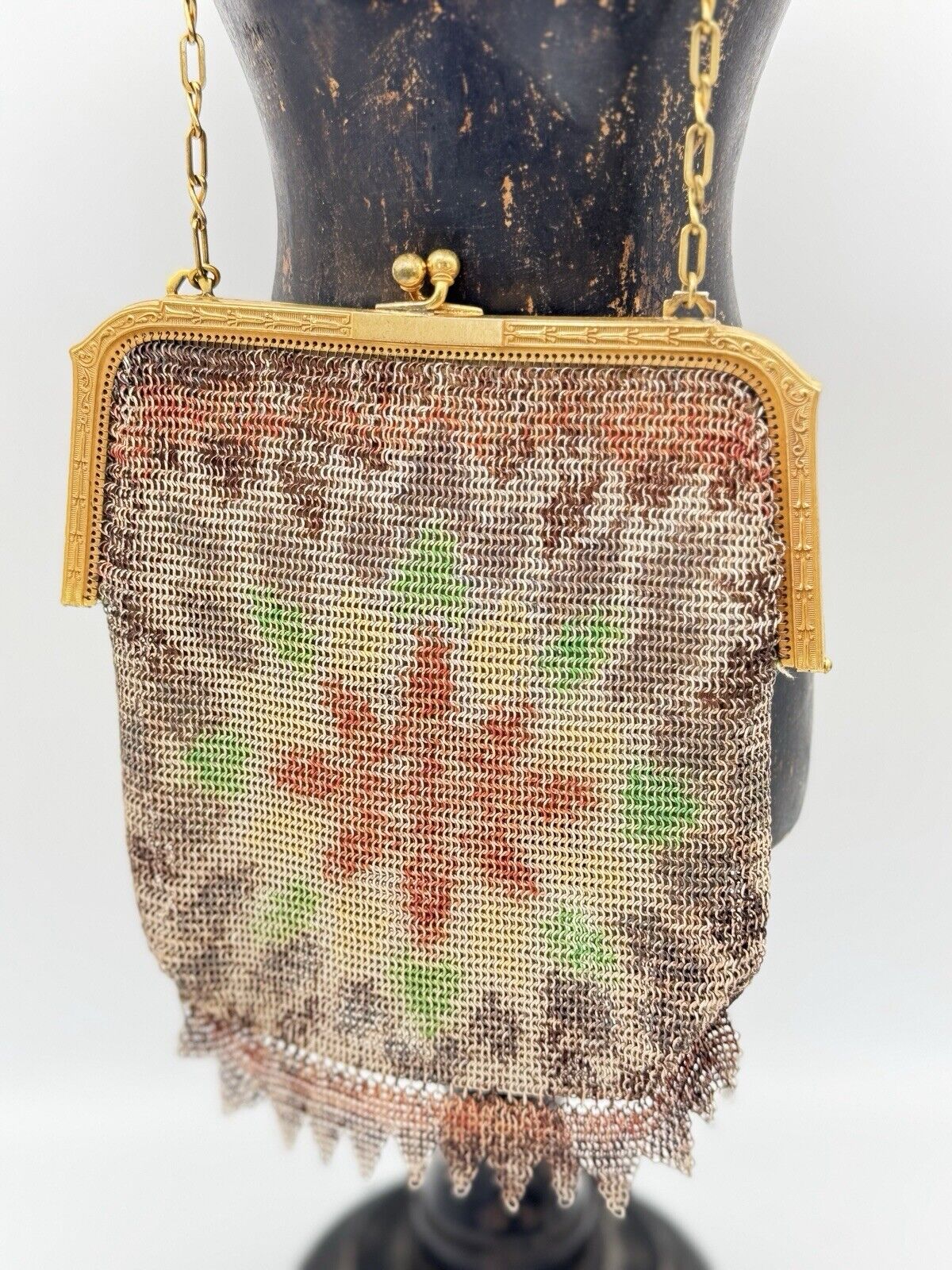 Art Deco Whiting & Davis Mesh Purse Goldtone Water Color Design