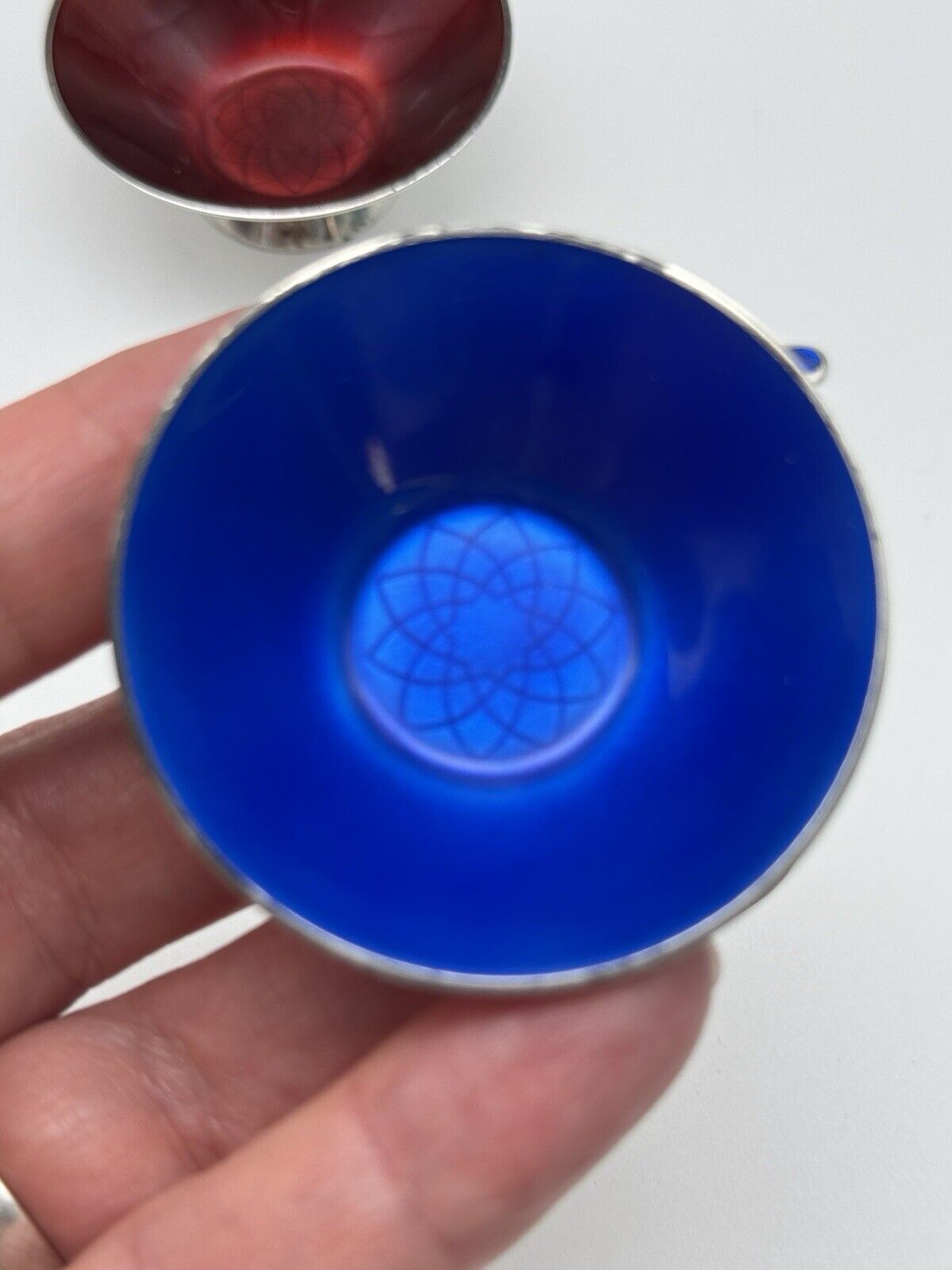 Set Of DANISH Sterling Salts & Spoons MID CENTURY Enameled Blue & Red