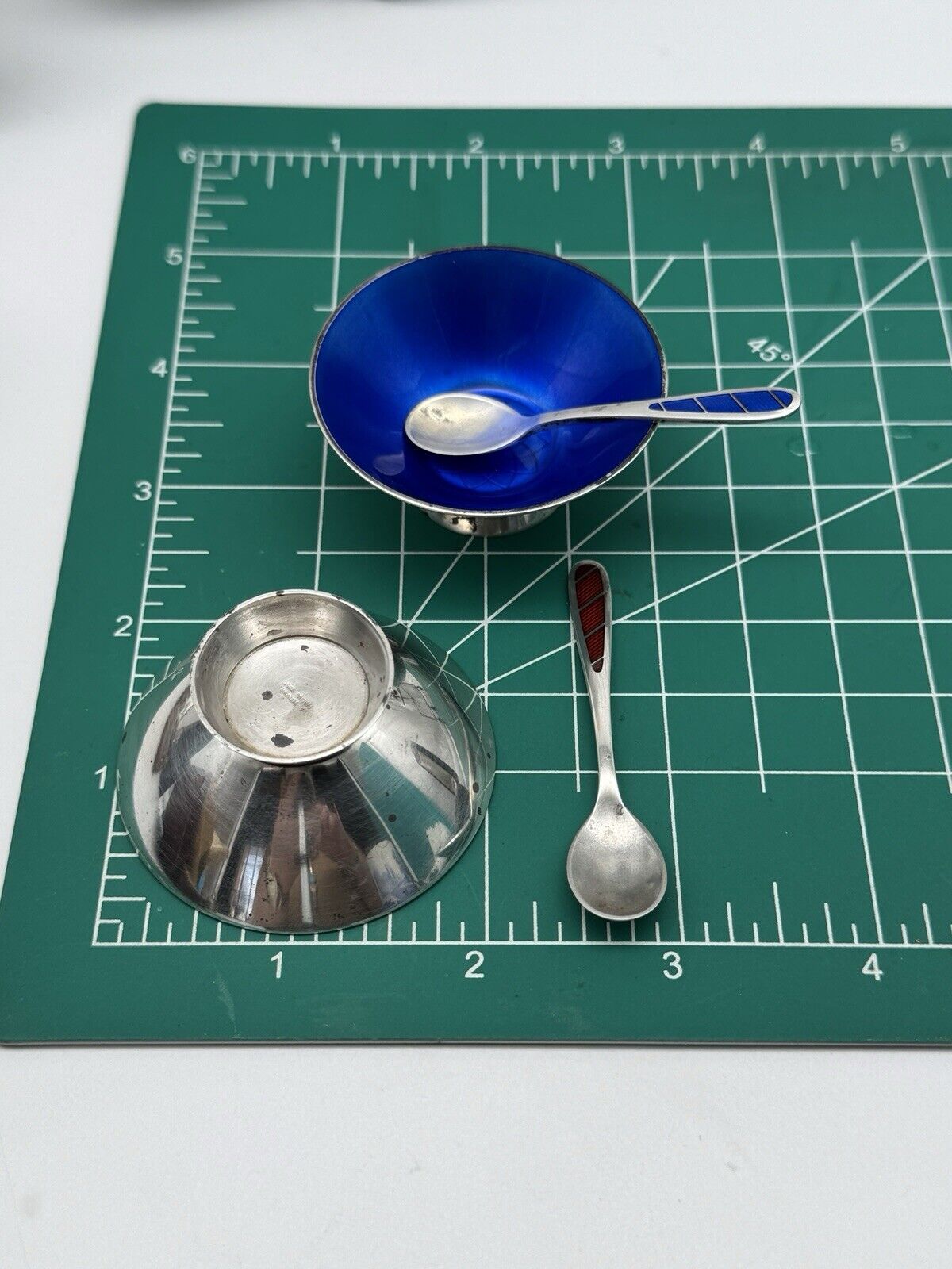 Set Of DANISH Sterling Salts & Spoons MID CENTURY Enameled Blue & Red
