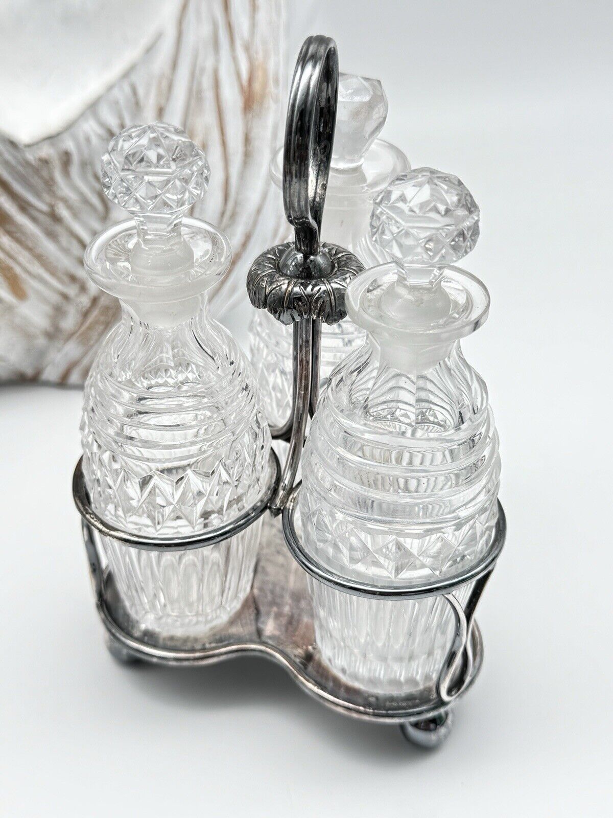 Antique EDWARDIAN Small Cruet Set Silverplate Chrystal Bottles