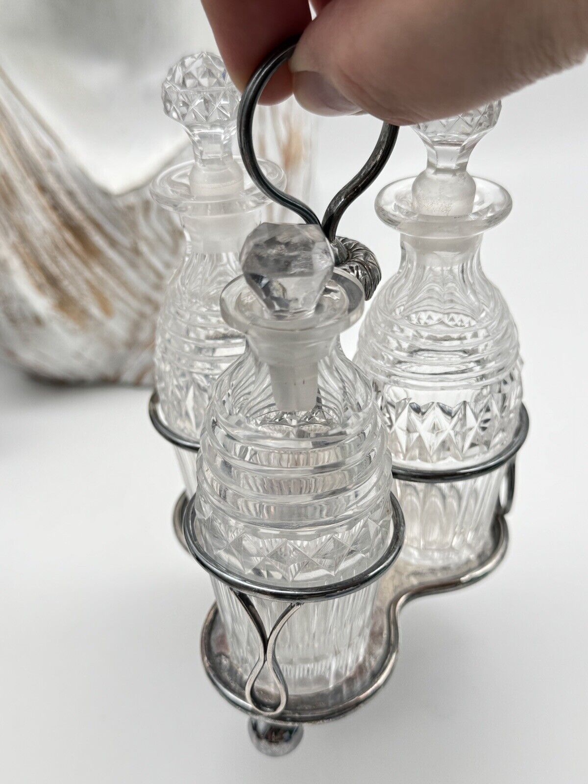 Antique EDWARDIAN Small Cruet Set Silverplate Chrystal Bottles