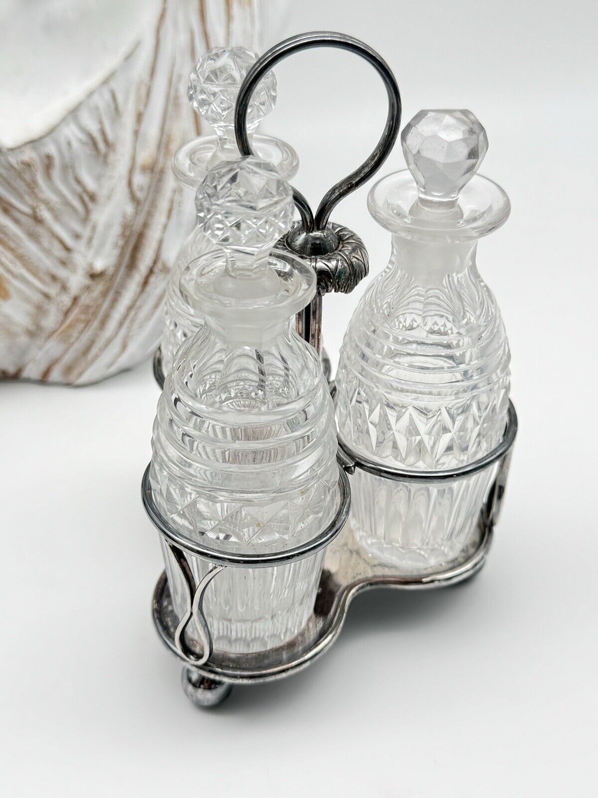 Antique EDWARDIAN Small Cruet Set Silverplate Chrystal Bottles