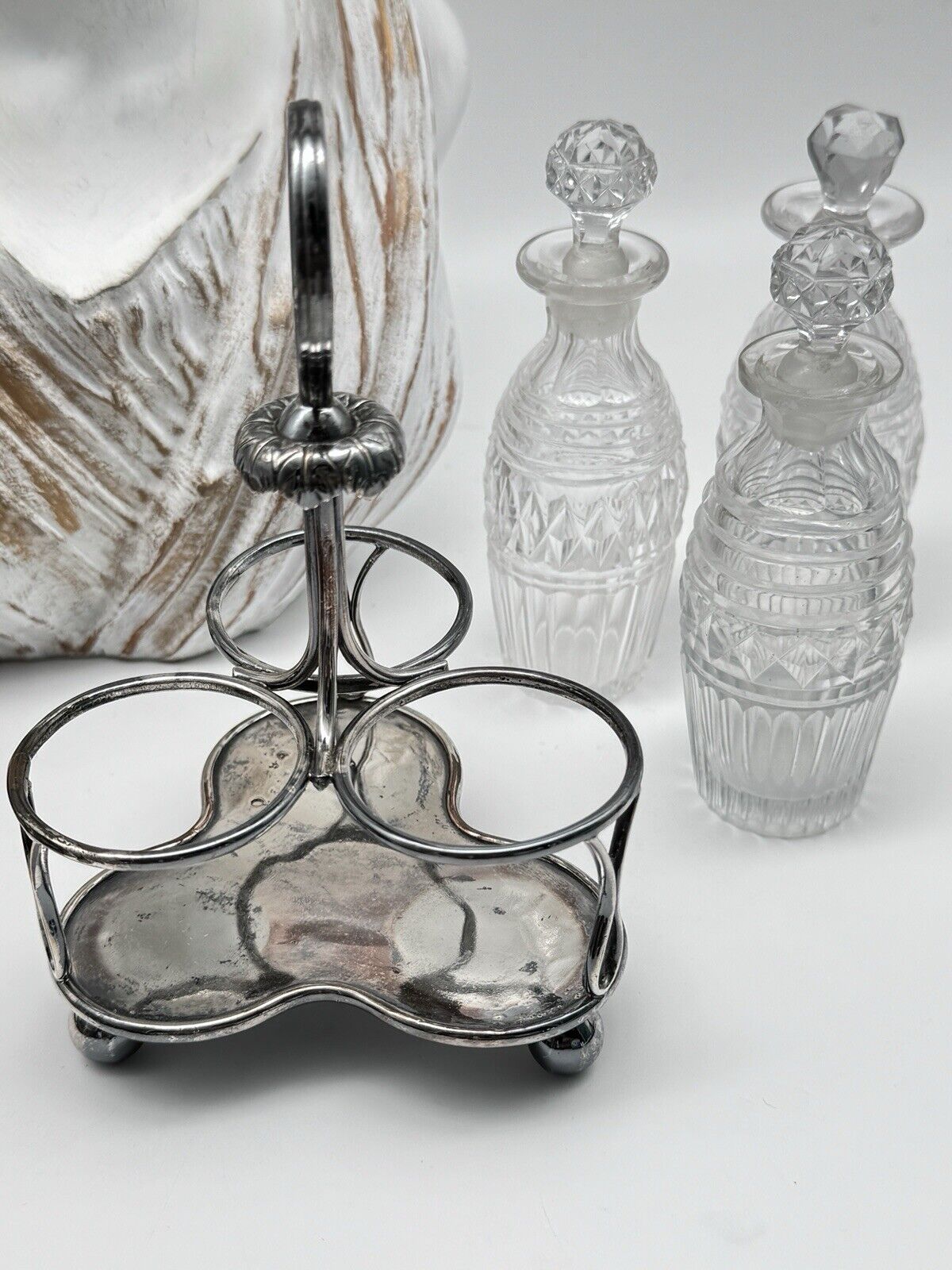 Antique EDWARDIAN Small Cruet Set Silverplate Chrystal Bottles