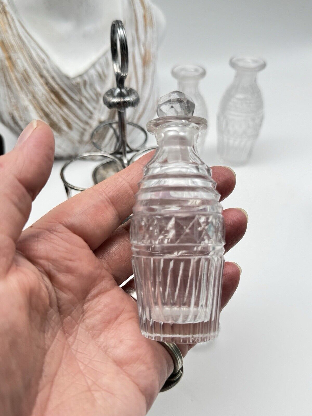 Antique EDWARDIAN Small Cruet Set Silverplate Chrystal Bottles