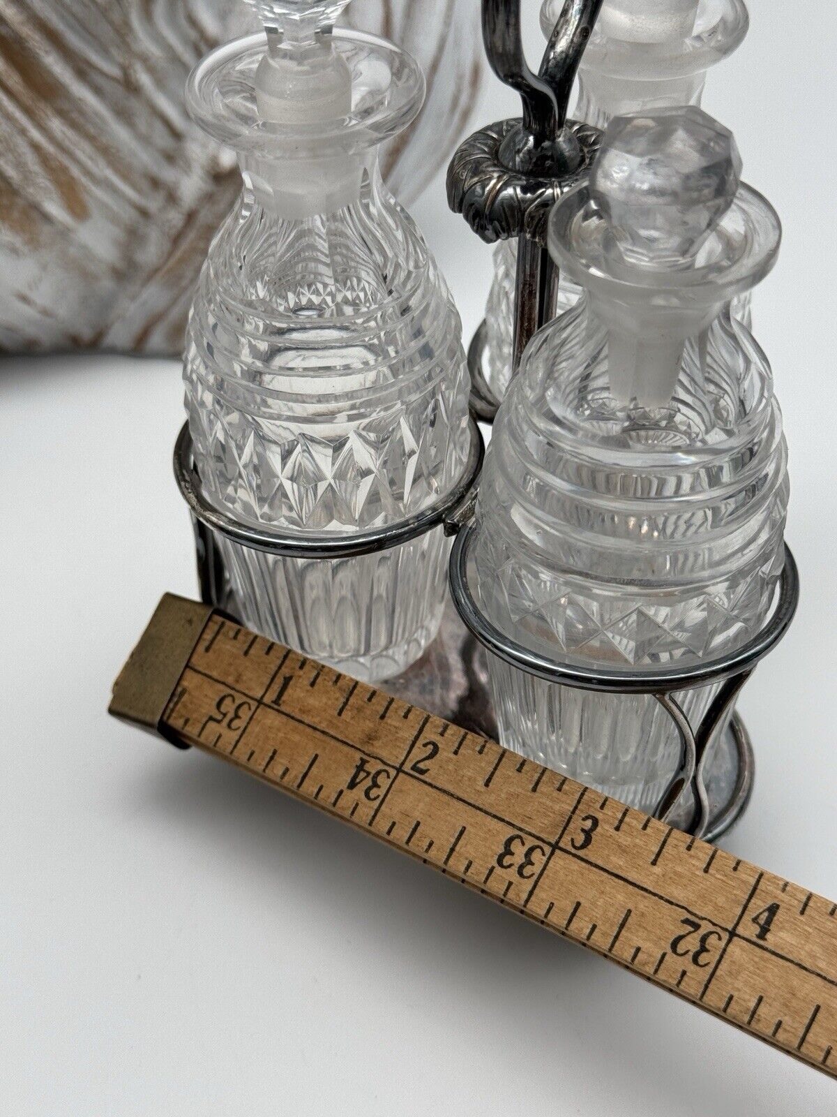 Antique EDWARDIAN Small Cruet Set Silverplate Chrystal Bottles