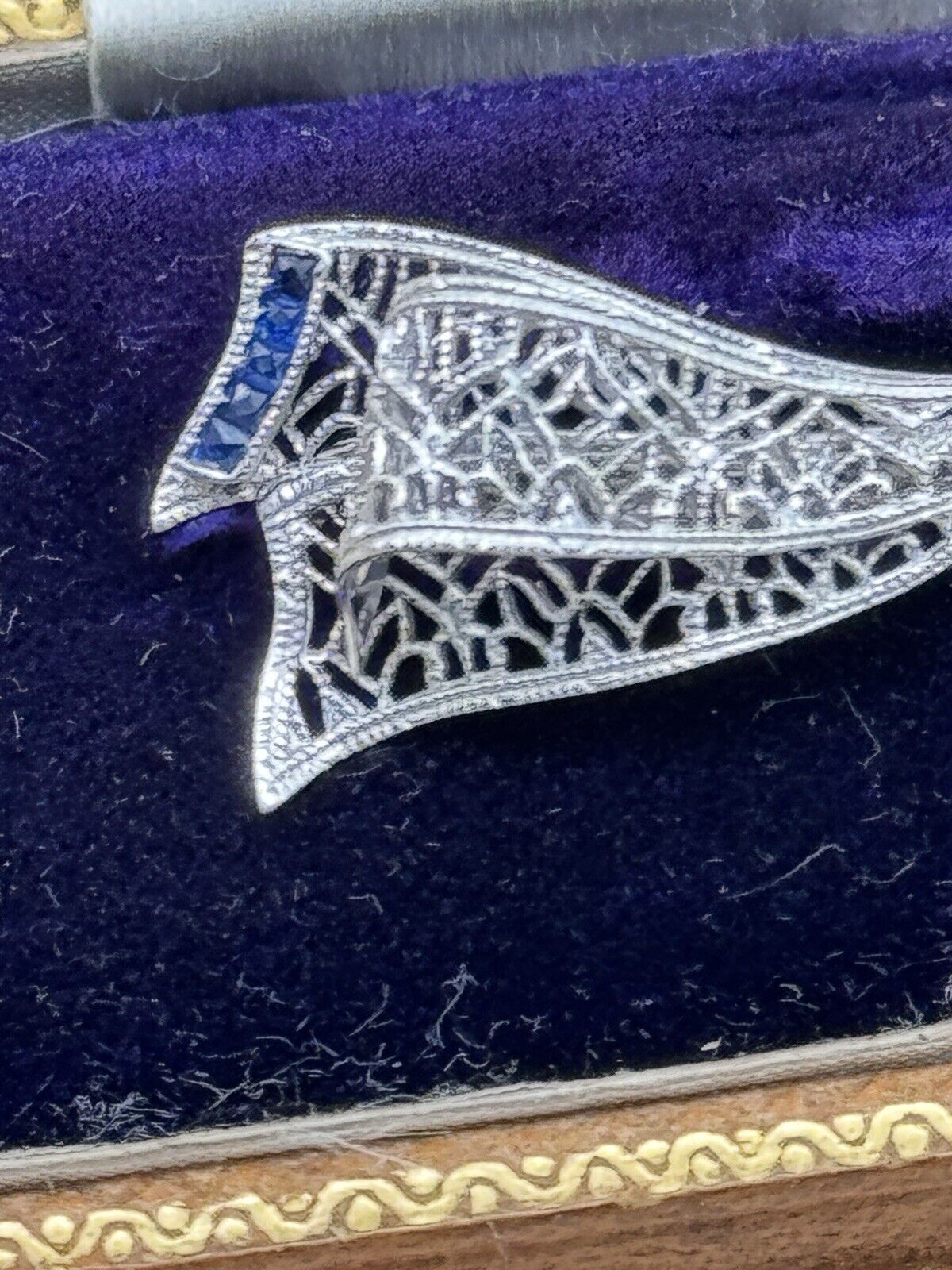 Antique Art Deco X1 14k White Gold Diamond & Lab Blue Sapphire with Original Box