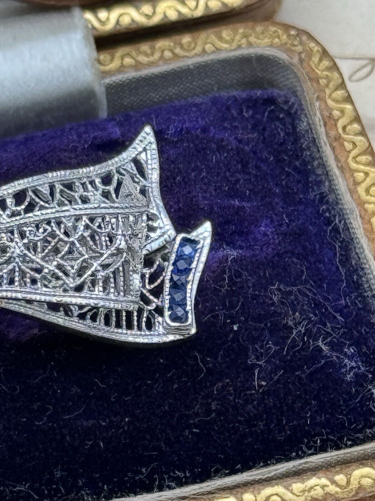 Antique Art Deco X1 14k White Gold Diamond & Lab Blue Sapphire with Original Box