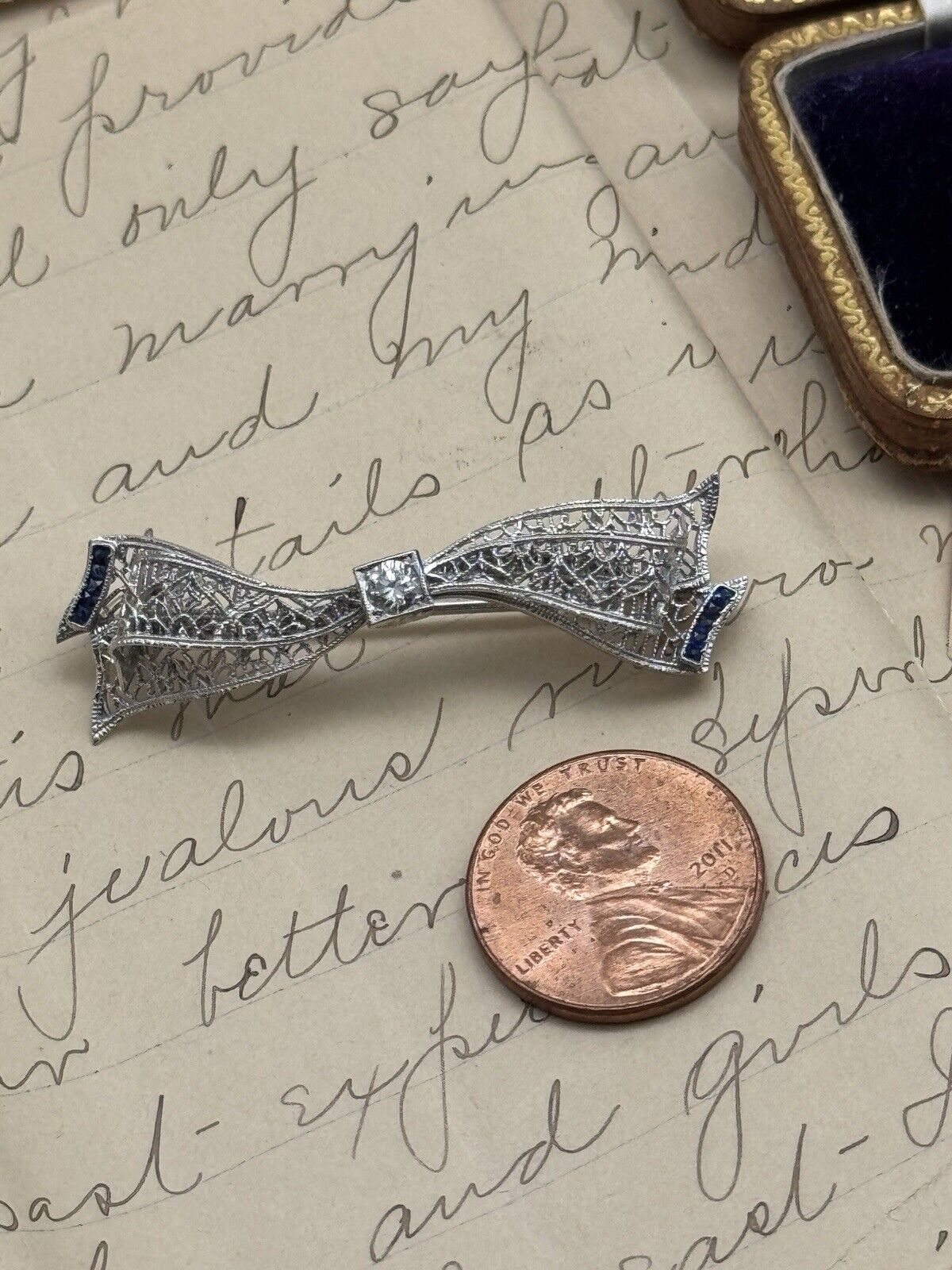Antique Art Deco X1 14k White Gold Diamond & Lab Blue Sapphire with Original Box