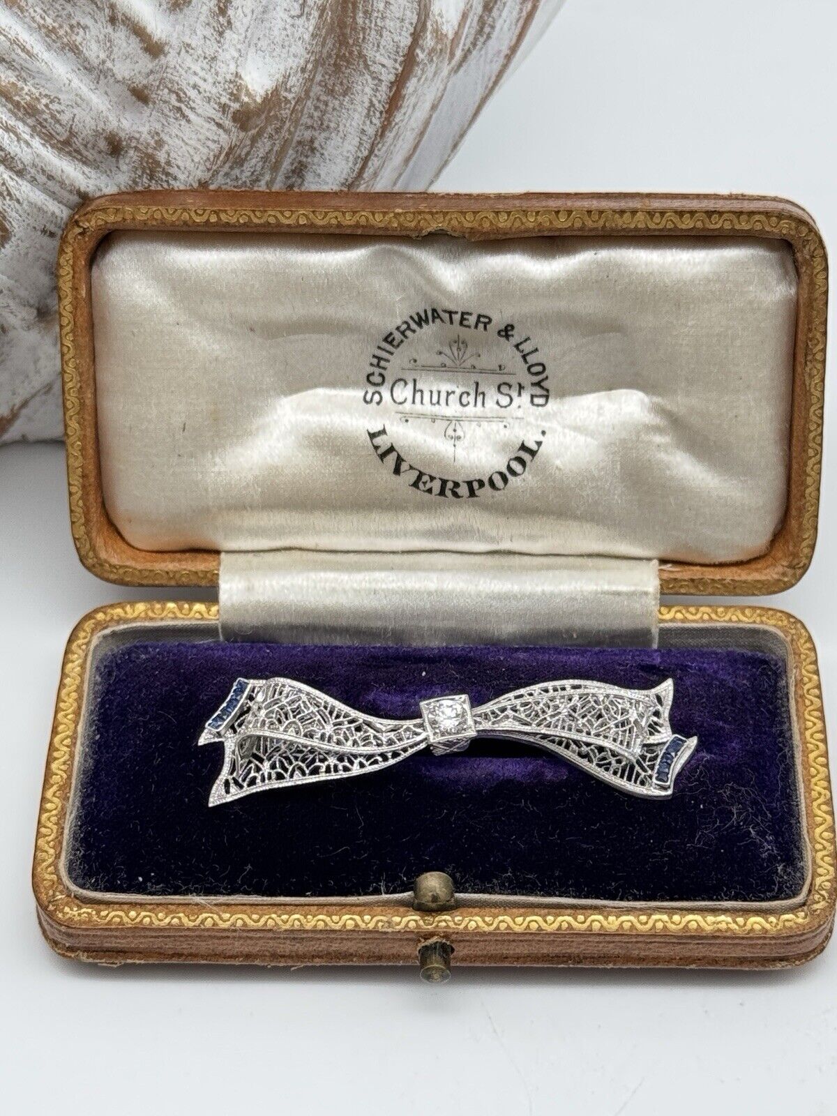 Antique Art Deco X1 14k White Gold Diamond & Lab Blue Sapphire with Original Box