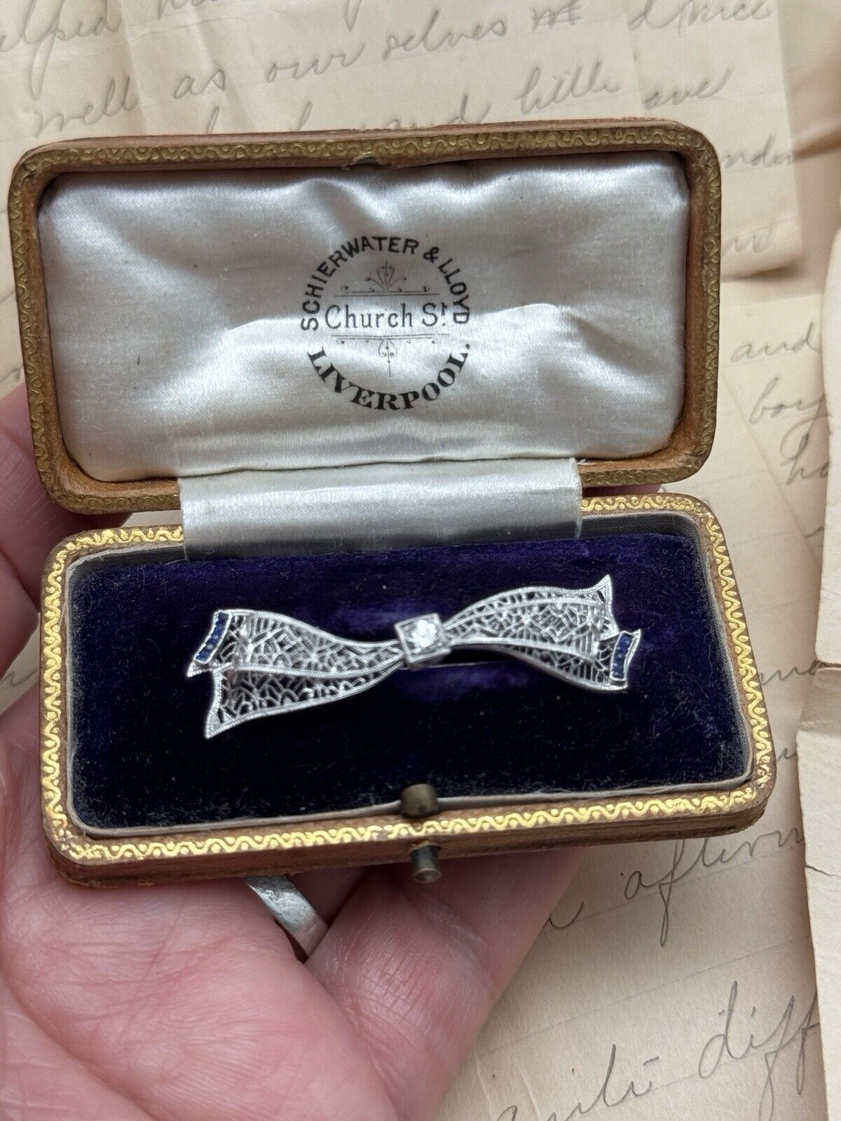 Antique Art Deco X1 14k White Gold Diamond & Lab Blue Sapphire with Original Box