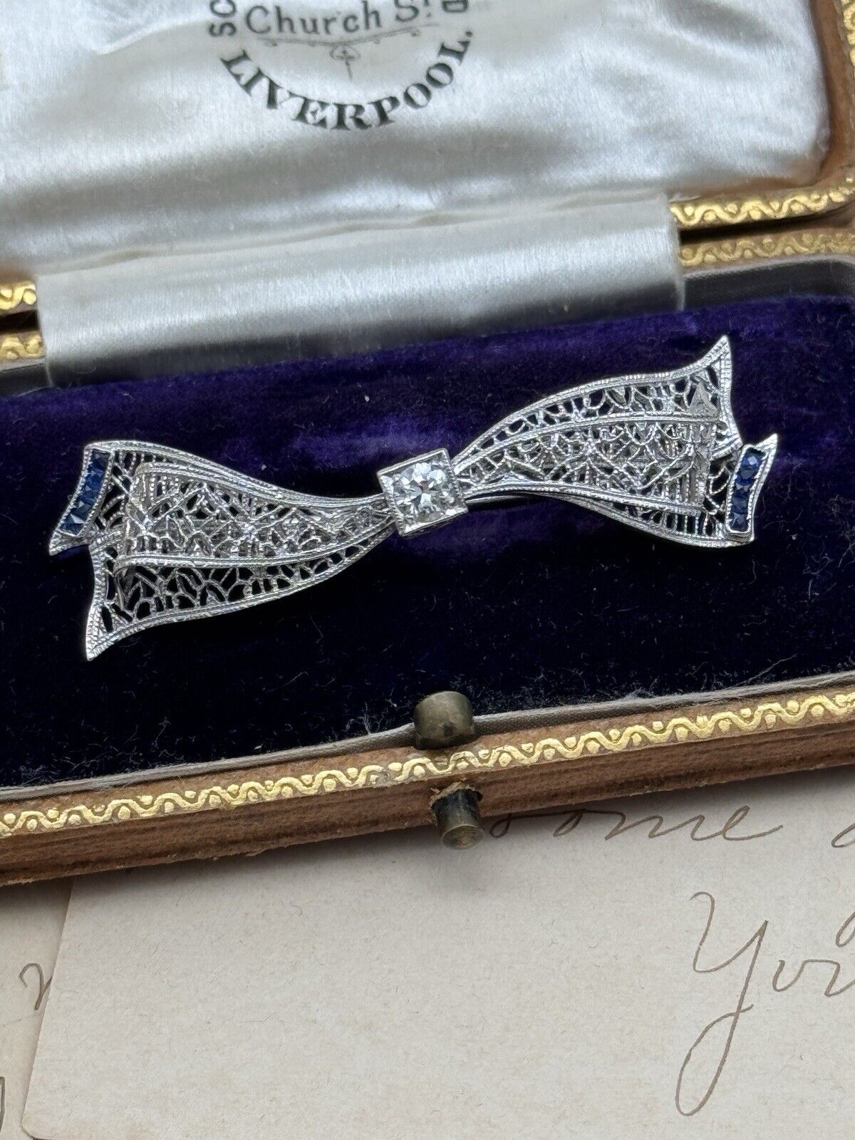 Antique Art Deco X1 14k White Gold Diamond & Lab Blue Sapphire with Original Box
