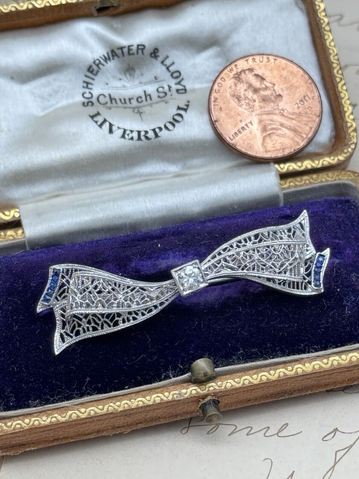 Antique Art Deco X1 14k White Gold Diamond & Lab Blue Sapphire with Original Box