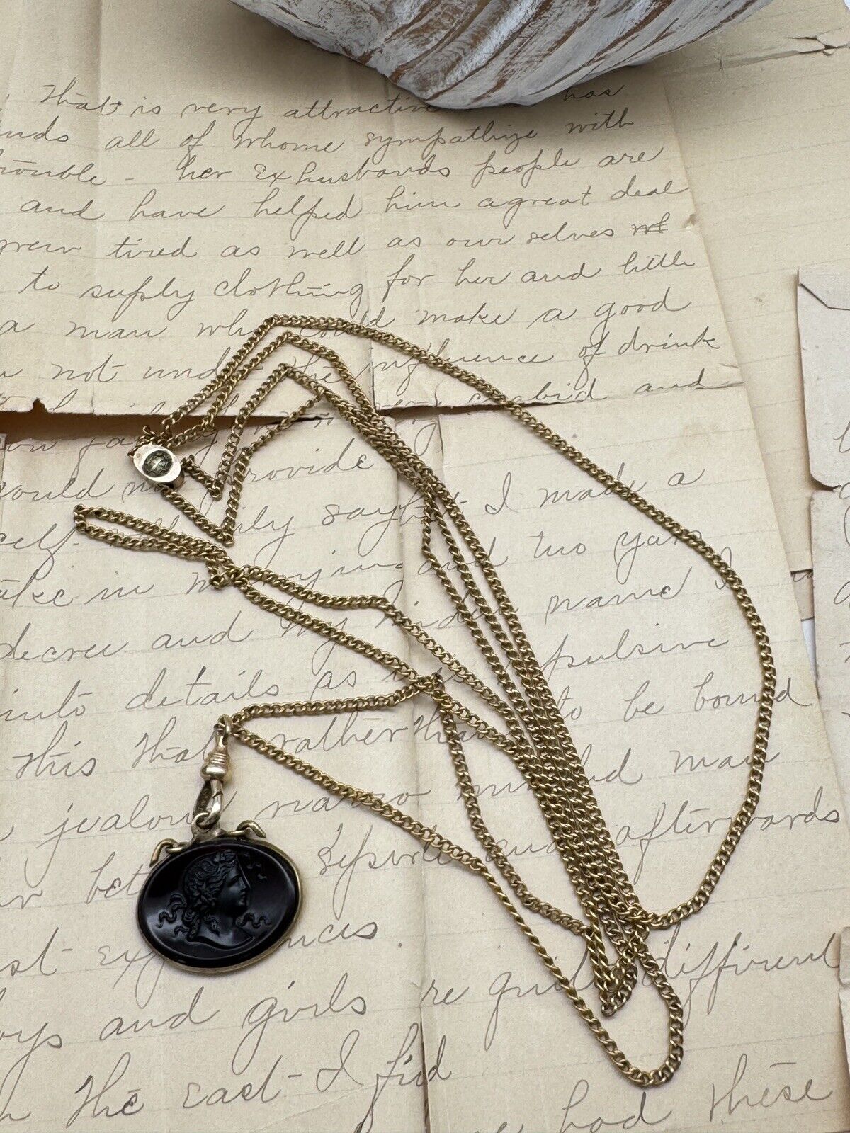 Antique Gold Filled Slider Necklace Chatelaine Watch Chain with Cameo Fob 24.5”