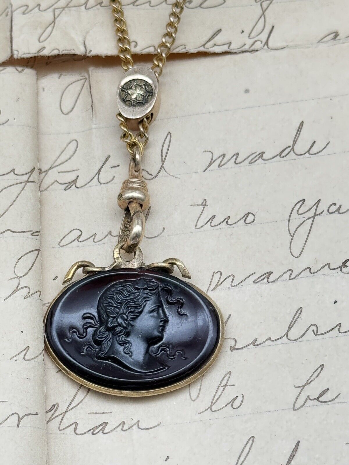 Antique Gold Filled Slider Necklace Chatelaine Watch Chain with Cameo Fob 24.5”