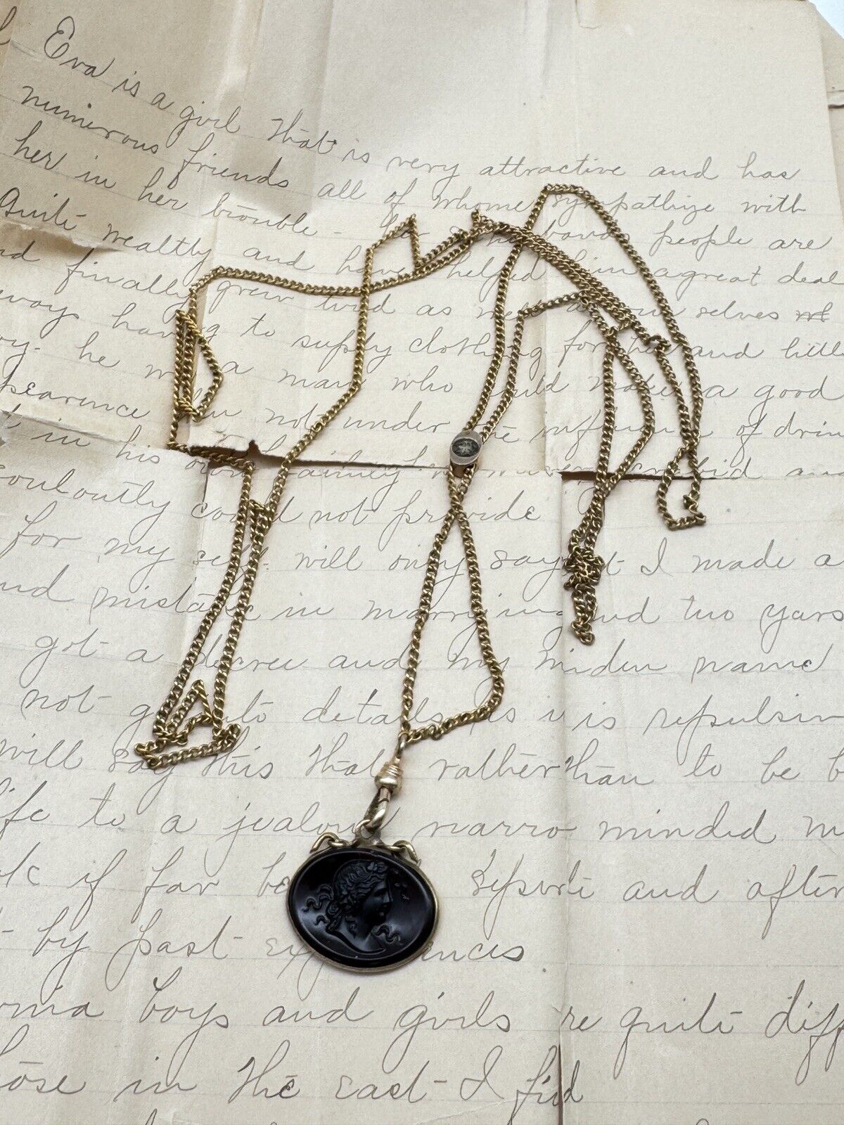 Antique Gold Filled Slider Necklace Chatelaine Watch Chain with Cameo Fob 24.5”
