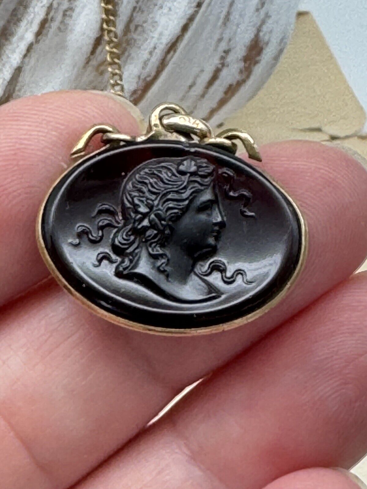 Antique Gold Filled Slider Necklace Chatelaine Watch Chain with Cameo Fob 24.5”
