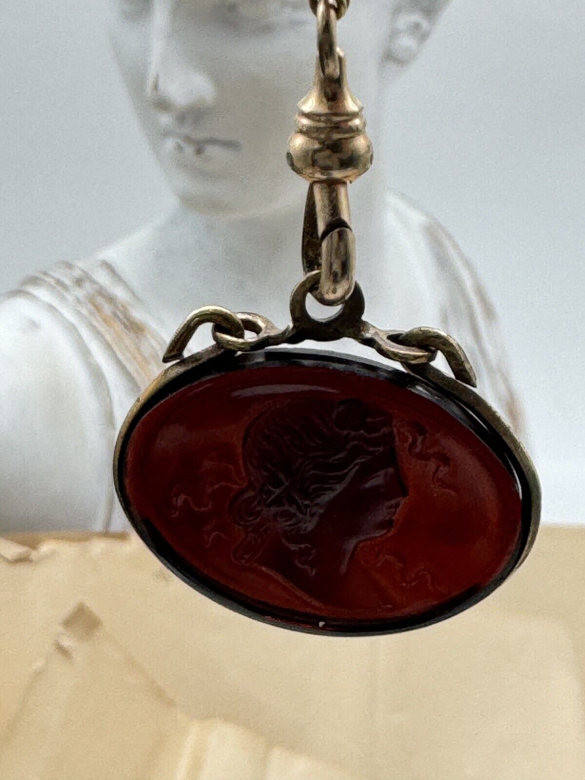 Antique Gold Filled Slider Necklace Chatelaine Watch Chain with Cameo Fob 24.5”
