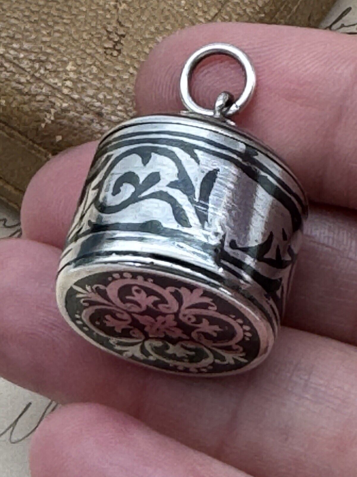 Vintage Silvertone Damascene Charm Prayer Box ARTISAN Made